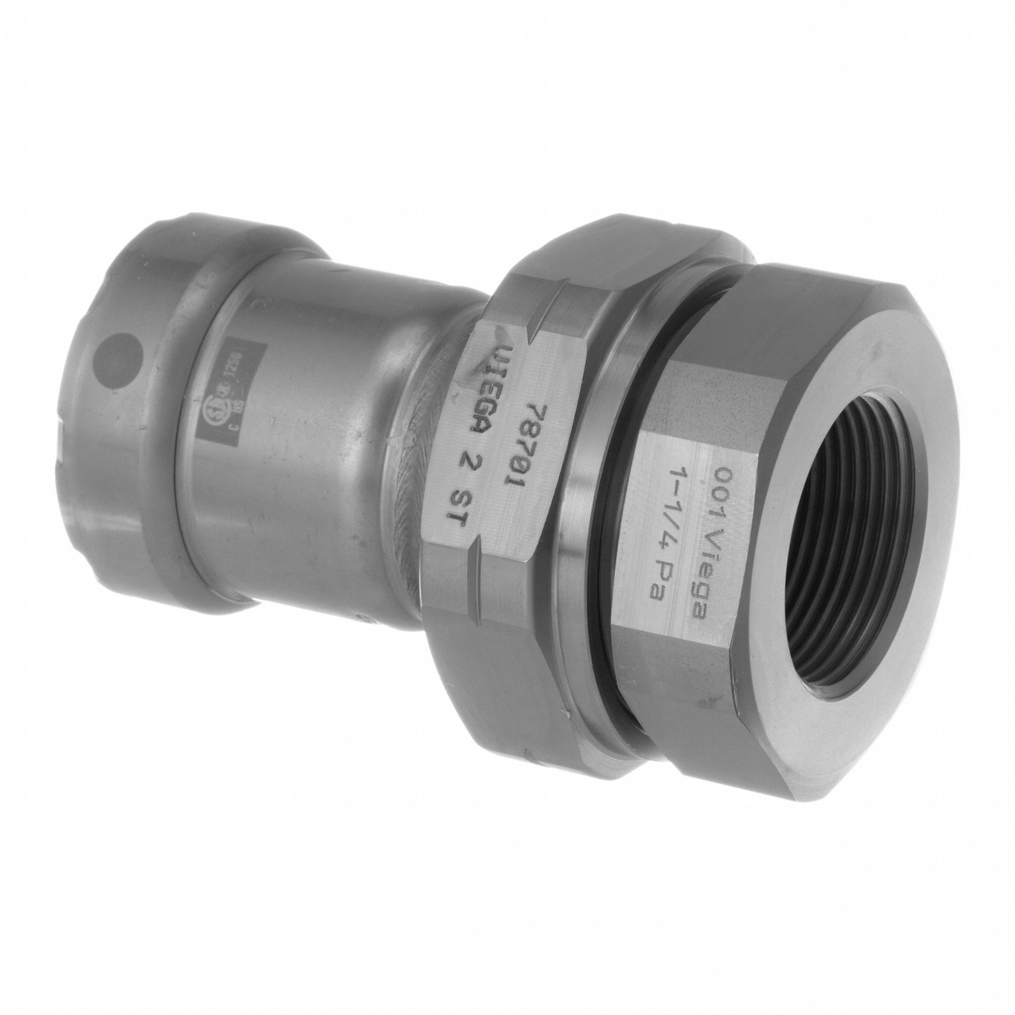 Crimp Union Fitting: 1 1/4 in Pipe x 1 1/4 in Pipe Size, Press-fit x FNPT, HNBR