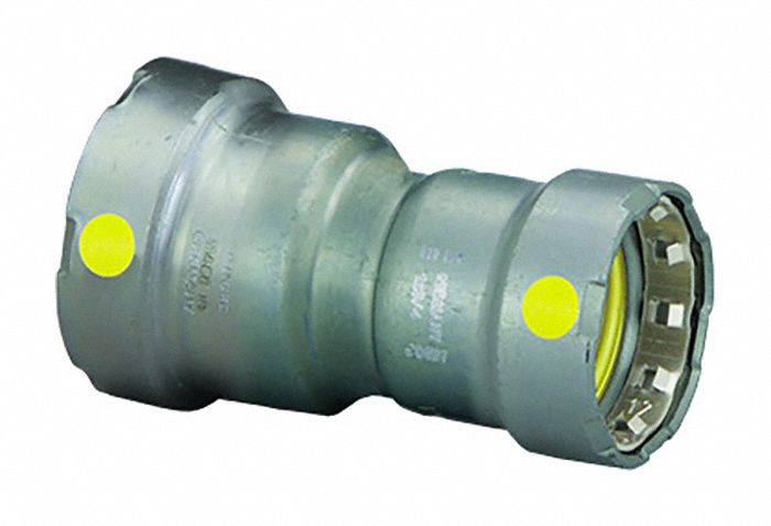 Crimp Fitting: 1 1/4 in Pipe x 1 in Pipe Size, Press-fit x Press-fit, Carbon Steel