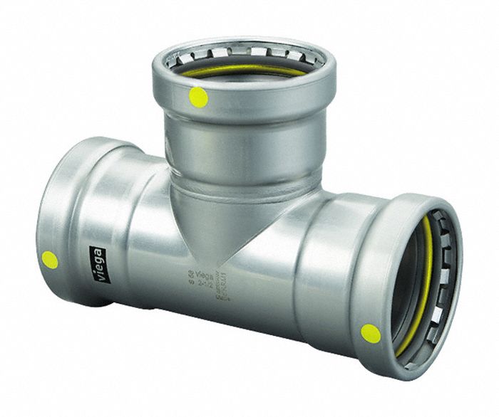 Crimp Tee Fitting: 2 1/2 in Pipe x 2 1/2 in Pipe x 1 1/2 in Pipe Size, Carbon Steel