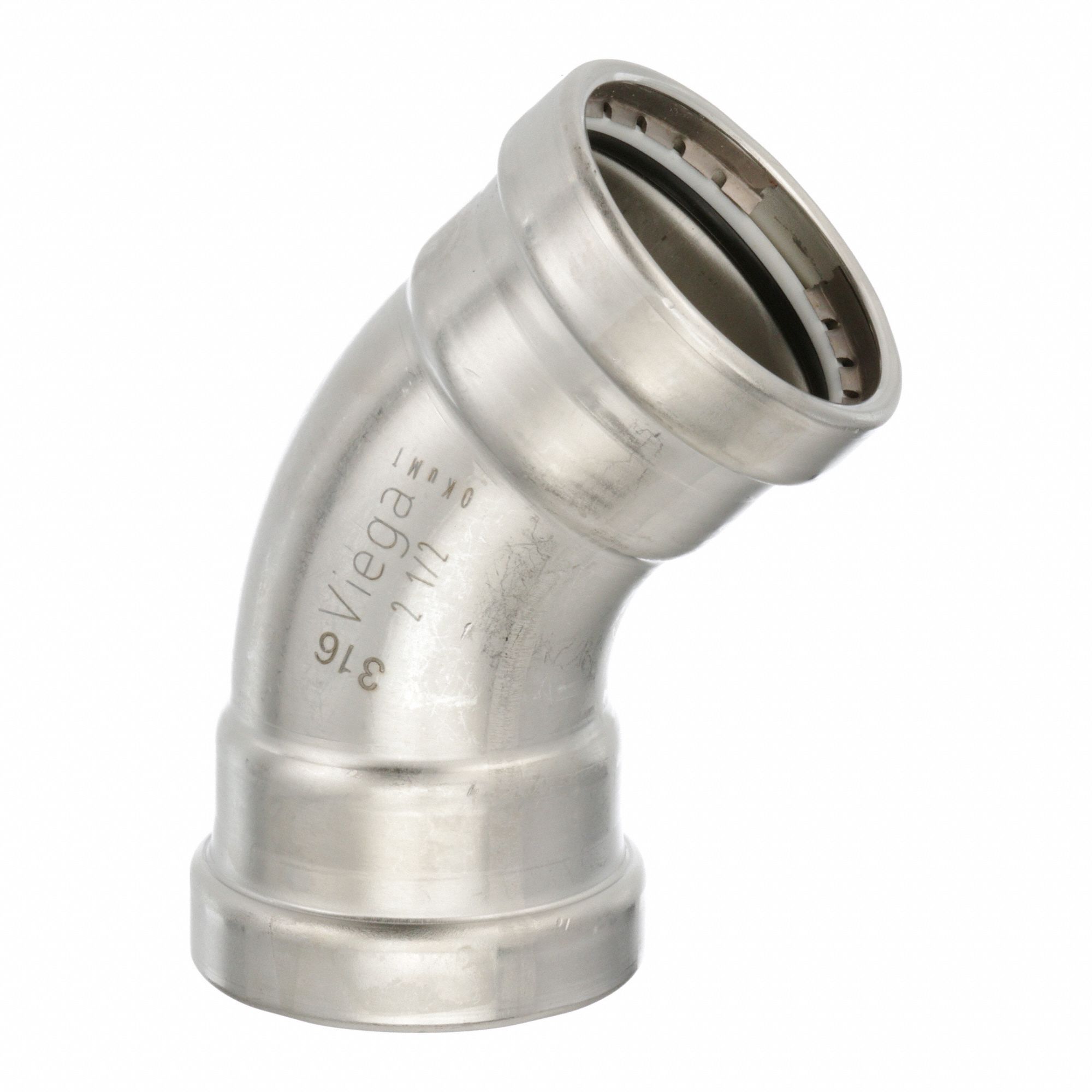 Crimp Elbow Fitting: 2 1/2 in CTS x 2 1/2 in CTS Size, 45° Elbow, Stainless Steel