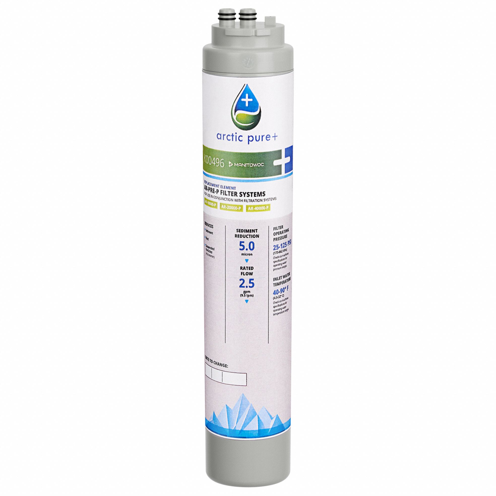 Water Filter Cartridge: 5 micron, 1.5 gpm, 10, 000 gal, 16 13/16 in Overall Ht