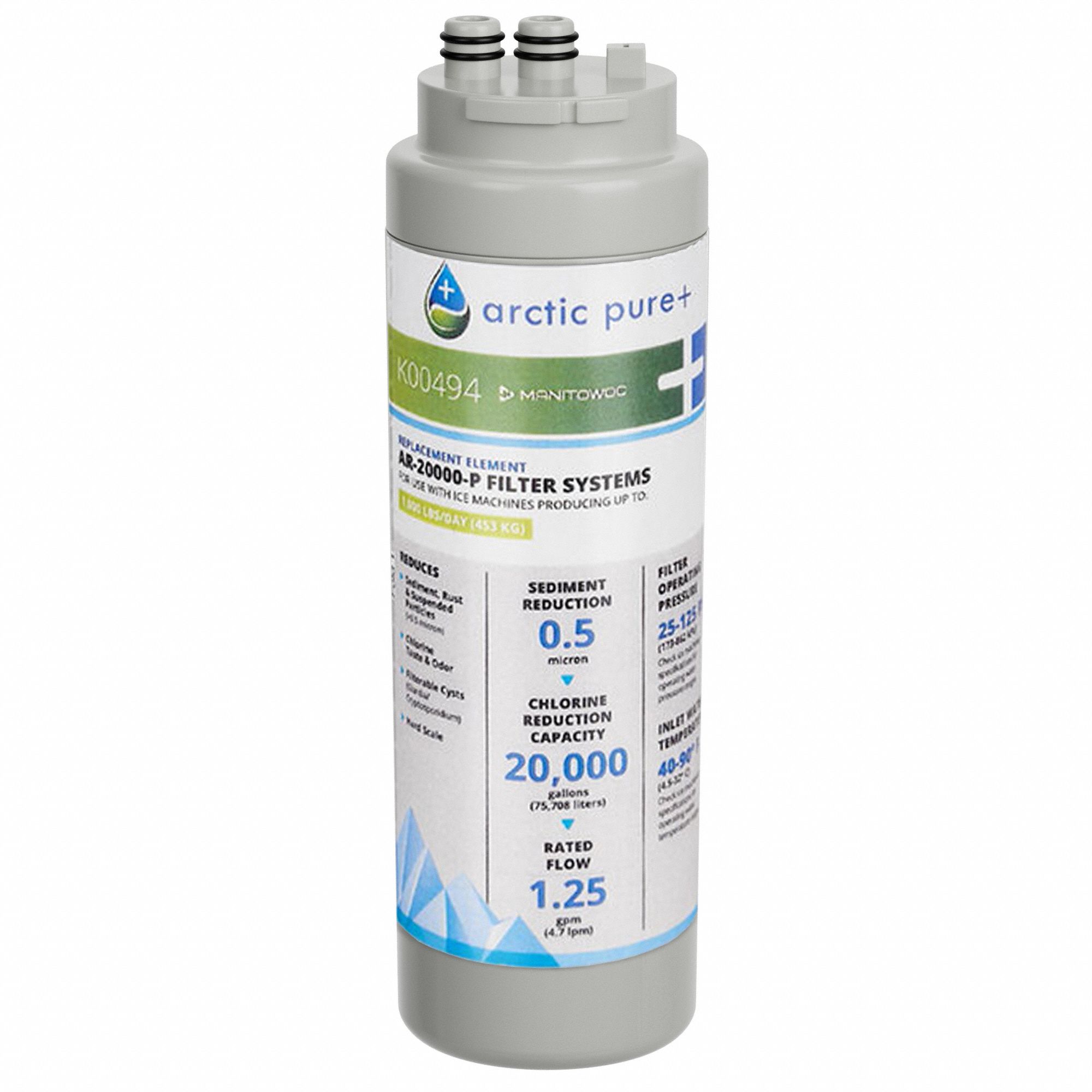 Water Filter Cartridge: 0.5 micron, 1.25 gpm, 20, 000 gal, 10 1/8 in Overall Ht