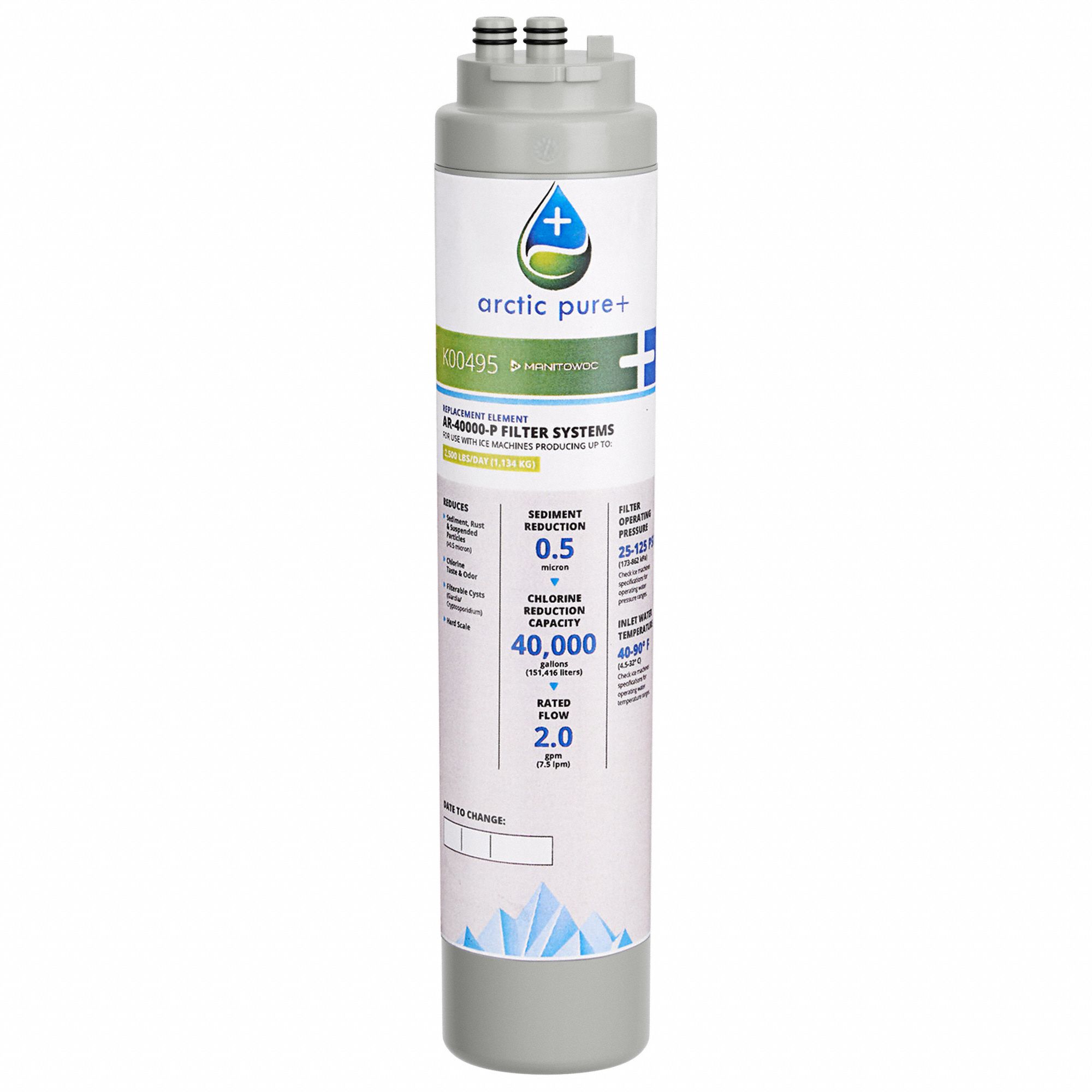 Water Filter Cartridge: 0.5 micron, 2 gpm, 40, 000 gal, 14 5/8 in Overall Ht
