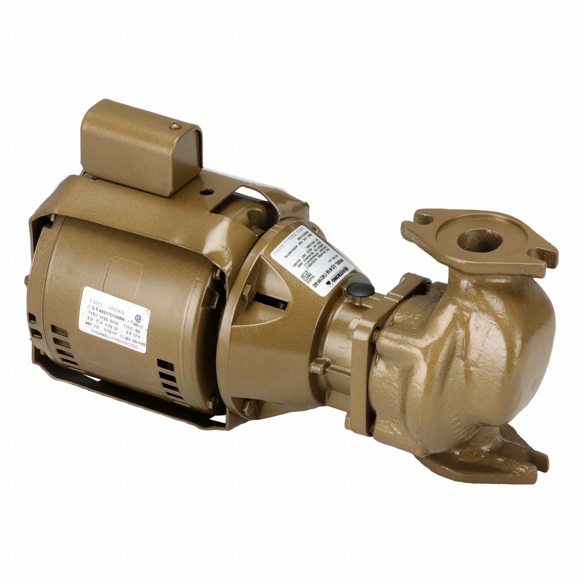 Circulating Pump: 1/12 hp HP, 230V AC, Bronze, 1, 31 gpm, 8 ft Max. Head, 6 1/2 in Face to Face