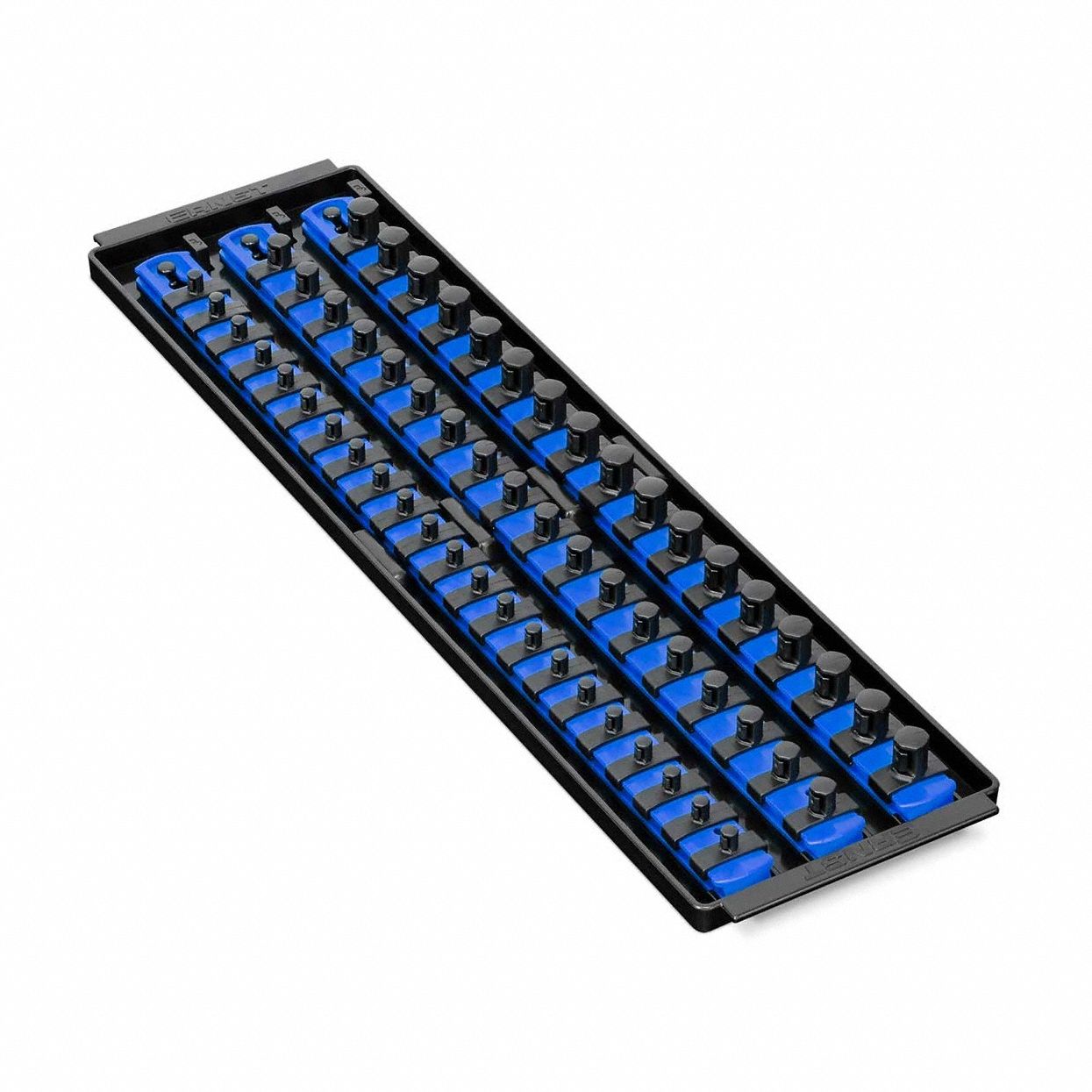 ERNST MANUFACTURING Socket Organizer: Blue, 5 5/16 in Overall Wd, 57 Posts/Slots, Sockets (MPN 8451). Key specifications — attr1125333: (57) Socket Clips; attr1125346: ERNST MANUFACTURING; attr1125347: Blue; attr1136588: Sockets; attr1125364: Socket Bit Tray.