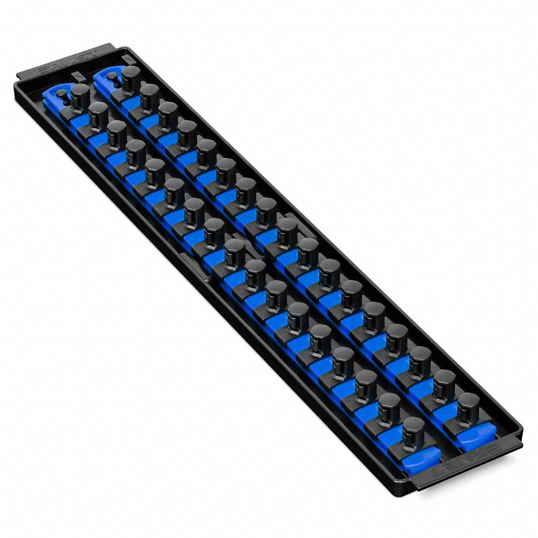 ERNST MANUFACTURING Socket Organizer: Blue, 3 5/8 in Overall Wd, 34 Posts/Slots, Sockets (MPN 8457). Key specifications — attr1125333: (34) Socket Clips; attr1125346: ERNST MANUFACTURING; attr1125347: Blue; attr1136588: Sockets; attr1125364: Socket Bit Tray.