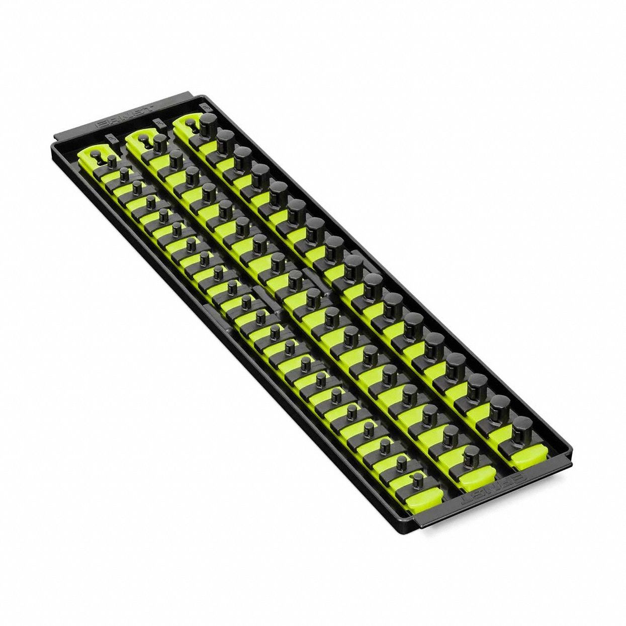 ERNST MANUFACTURING Socket Organizer: Yellow, 5 5/16 in Overall Wd, 57 Posts/Slots, Sockets (MPN 8460HV). Key specifications — attr1125333: (288) I.D. Stickers; attr1125346: ERNST MANUFACTURING; attr1125347: Yellow; attr1136588: Sockets; attr1125364: Socket Bit Tray.