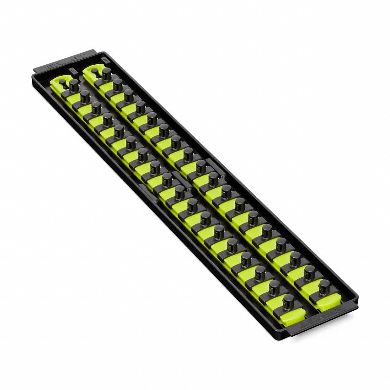 ERNST MANUFACTURING Socket Organizer: Yellow, 3 5/8 in Overall Wd, 36 Posts/Slots, Sockets (MPN 8462HV). Key specifications — attr1125333: (36) Socket Clips; attr1125346: ERNST MANUFACTURING; attr1125347: Yellow; attr1136588: Sockets; attr1125364: Socket Bit Tray.