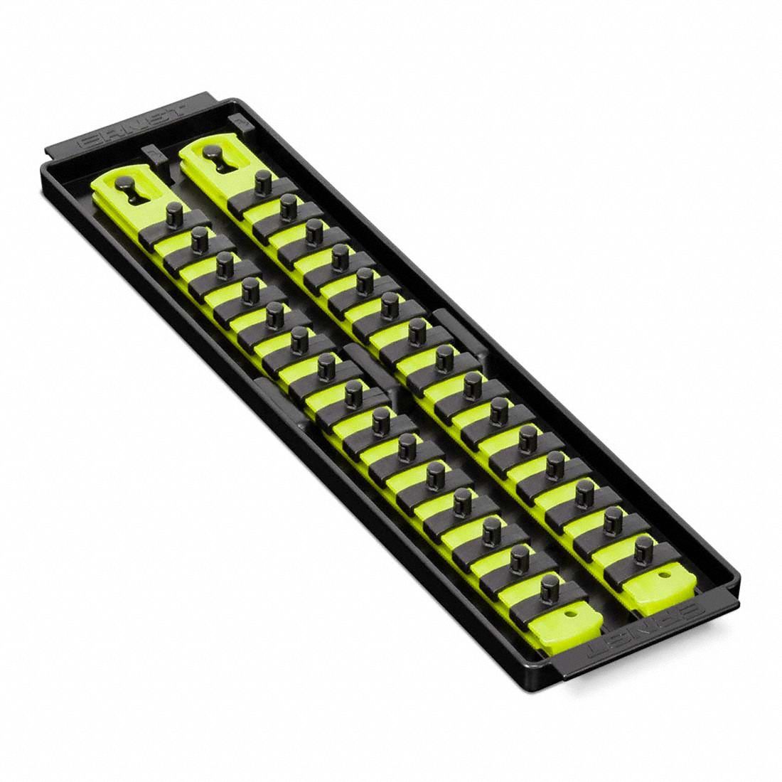 ERNST MANUFACTURING Socket Organizer: Yellow, 3 5/8 in Overall Wd, 30 Posts/Slots, Sockets (MPN 8467HV). Key specifications — attr1125333: (192) I.D. Stickers; attr1125346: ERNST MANUFACTURING; attr1125347: Yellow; attr1136588: Sockets; attr1125364: Socket Bit Tray.