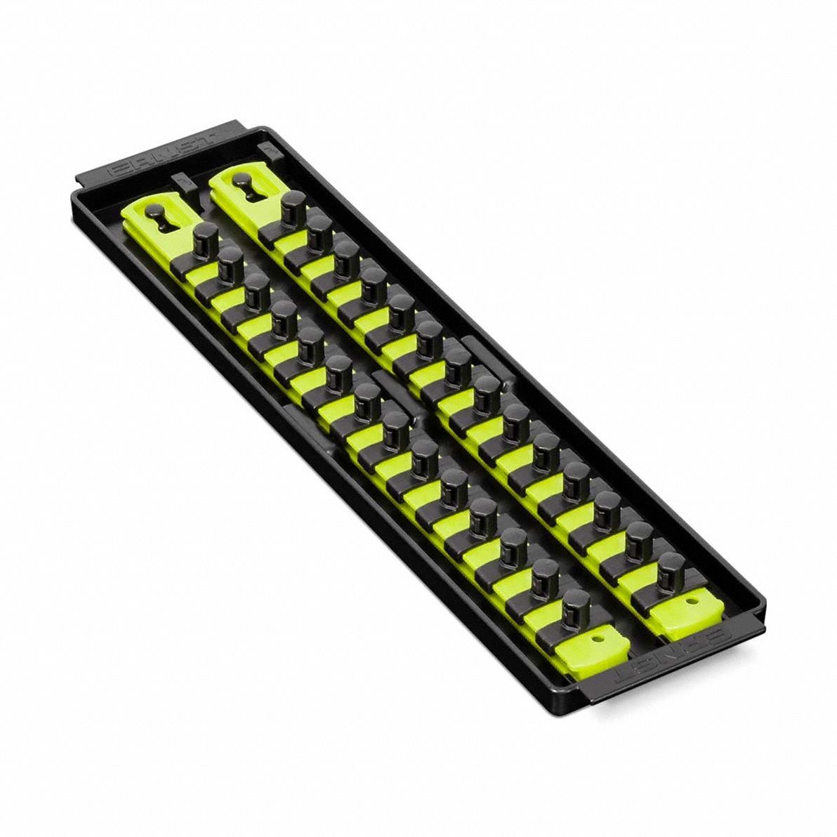 ERNST MANUFACTURING Socket Organizer: Yellow, 3 5/8 in Overall Wd, 28 Posts/Slots, Sockets (MPN 8468HV). Key specifications — attr1125333: (192) I.D. Stickers; attr1125346: ERNST MANUFACTURING; attr1125347: Yellow; attr1136588: Sockets; attr1125364: Socket Bit Tray.