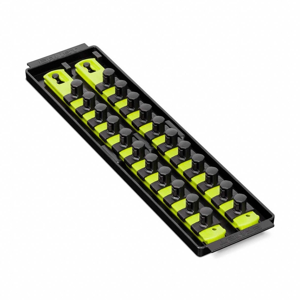 ERNST MANUFACTURING Socket Organizer: Yellow, 3 5/8 in Overall Wd, 22 Posts/Slots, Sockets (MPN 8469HV). Key specifications — attr1125333: (22) Socket Clips; attr1125346: ERNST MANUFACTURING; attr1125347: Yellow; attr1136588: Sockets; attr1125364: Socket Bit Tray.