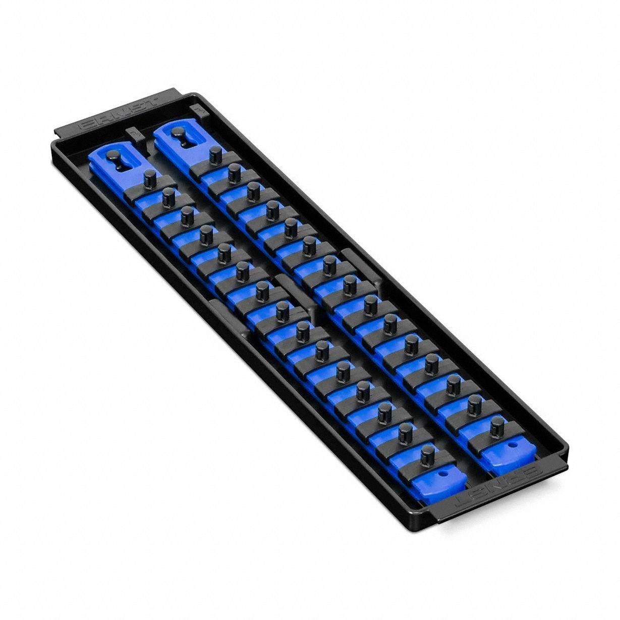 ERNST MANUFACTURING Socket Organizer: Blue, 3 5/8 in Overall Wd, 30 Posts/Slots, Sockets (MPN 8495). Key specifications — attr1125333: (30) Socket Clips; attr1125346: ERNST MANUFACTURING; attr1125347: Blue; attr1136588: Sockets; attr1125364: Socket Bit Tray.