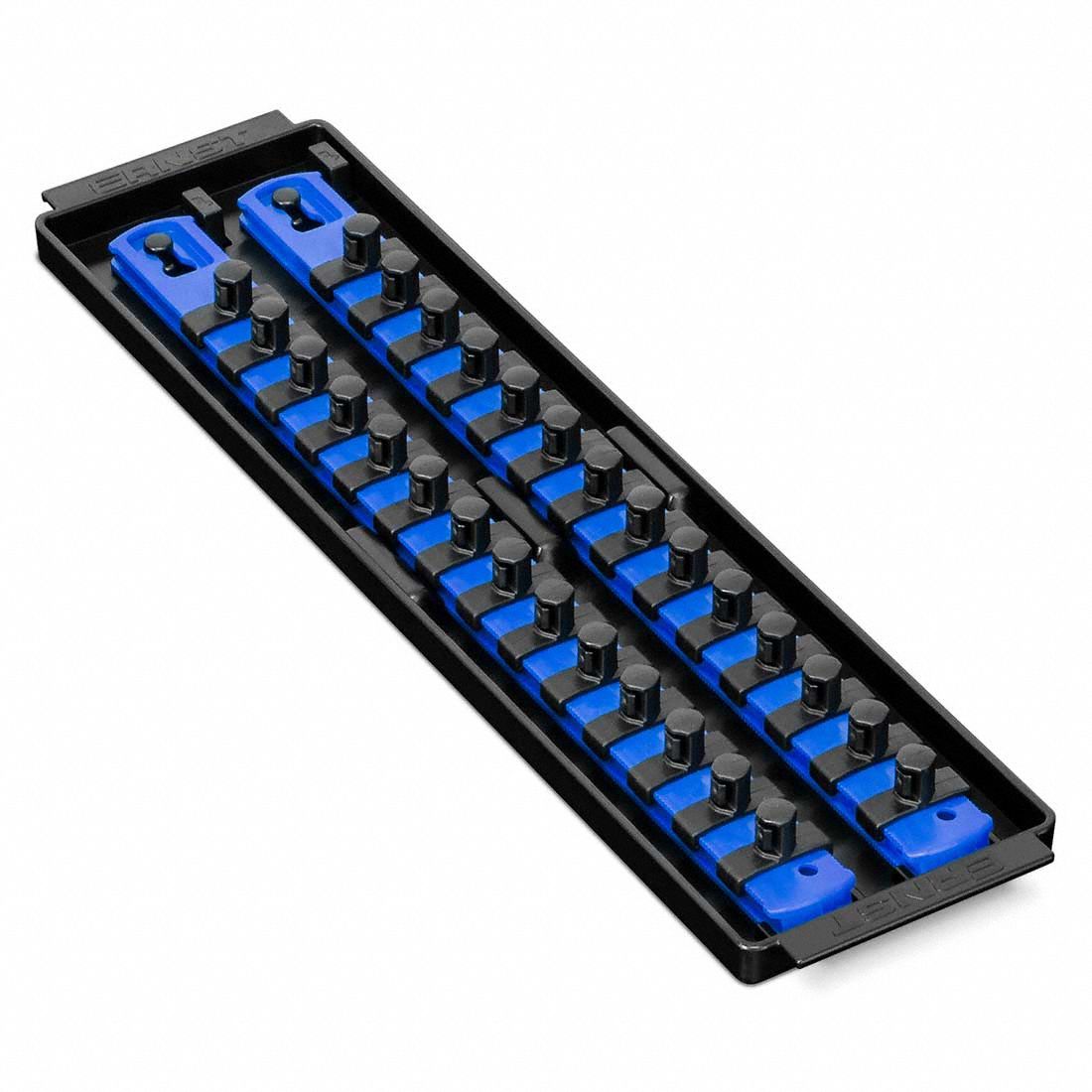 ERNST MANUFACTURING Socket Organizer: Blue, 3 5/8 in Overall Wd, 28 Posts/Slots, Sockets (MPN 8496). Key specifications — attr1125333: (28) Socket Clips; attr1125346: ERNST MANUFACTURING; attr1125347: Blue; attr1136588: Sockets; attr1125364: Socket Bit Tray.