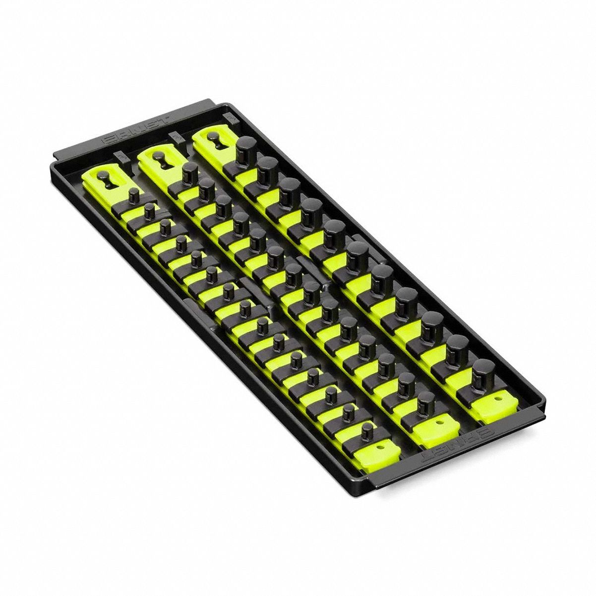 ERNST MANUFACTURING Socket Organizer: Yellow, 5 5/16 in Overall Wd, 40 Posts/Slots, Sockets (MPN 8498HV). Key specifications — attr1125333: (40) Socket Clips; attr1125346: ERNST MANUFACTURING; attr1125347: Yellow; attr1136588: Sockets; attr1125364: Socket Bit Tray.
