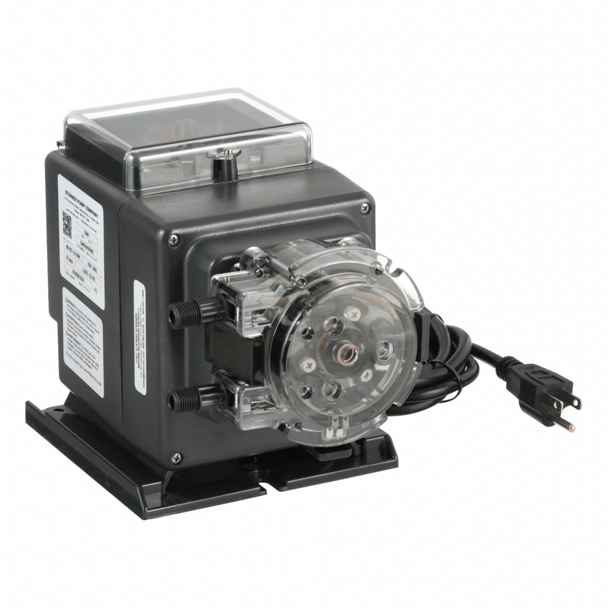 Peristaltic Chemical Metering Pump: 120V AC, 1/16 hp HP, 5 gpd Max. Flow Rate, Santoprene