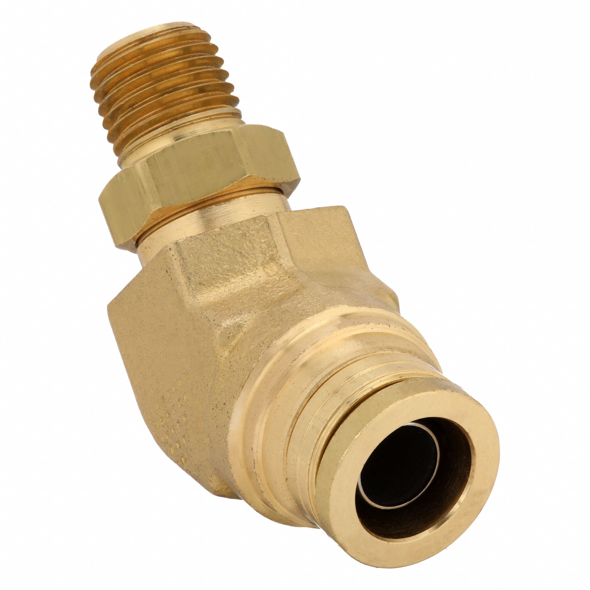 Push-Fit Elbow Fitting: 1/2 in OD x 1/4 in Pipe Fitting Size, Push-to-Connect x MNPT, Brass