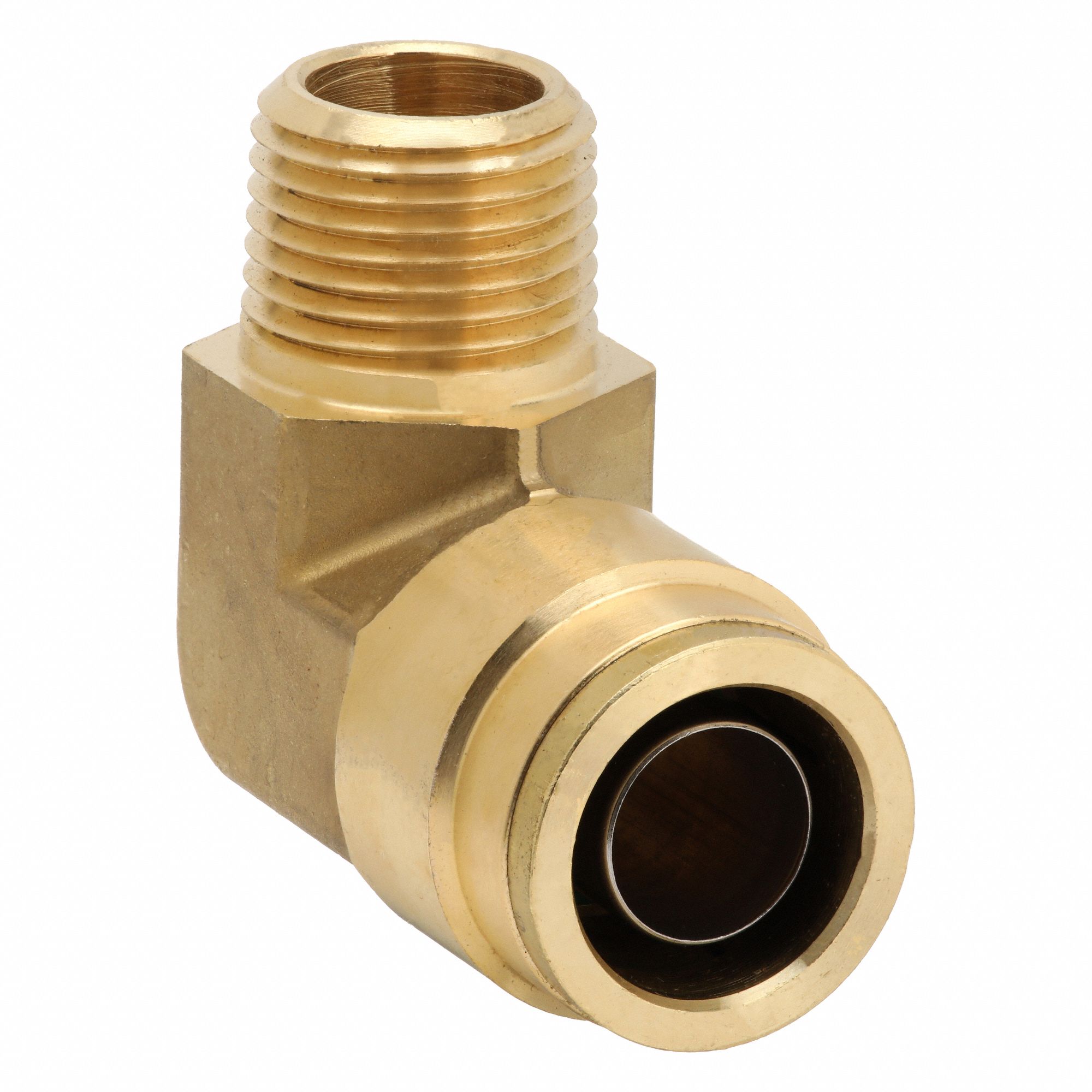 Push-Fit Elbow Fitting: 3/4 in OD x 1/2 in Pipe Fitting Size, Push-to-Connect x MNPT, Brass, Adapter