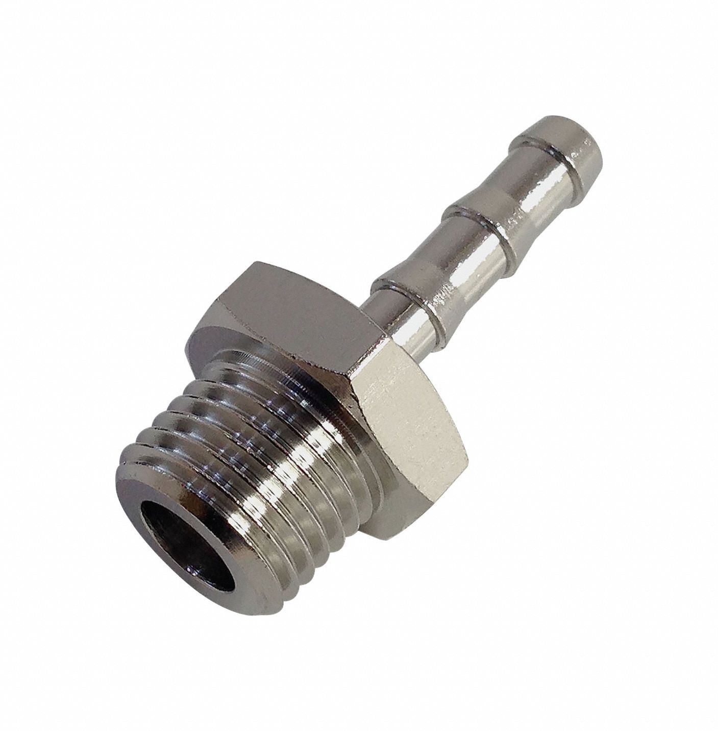 Barbed Fitting Adapter: 11 mm Pipe x 10 mm ID Size, BSPP x BSPP, Brass, Rigid, Std Barb