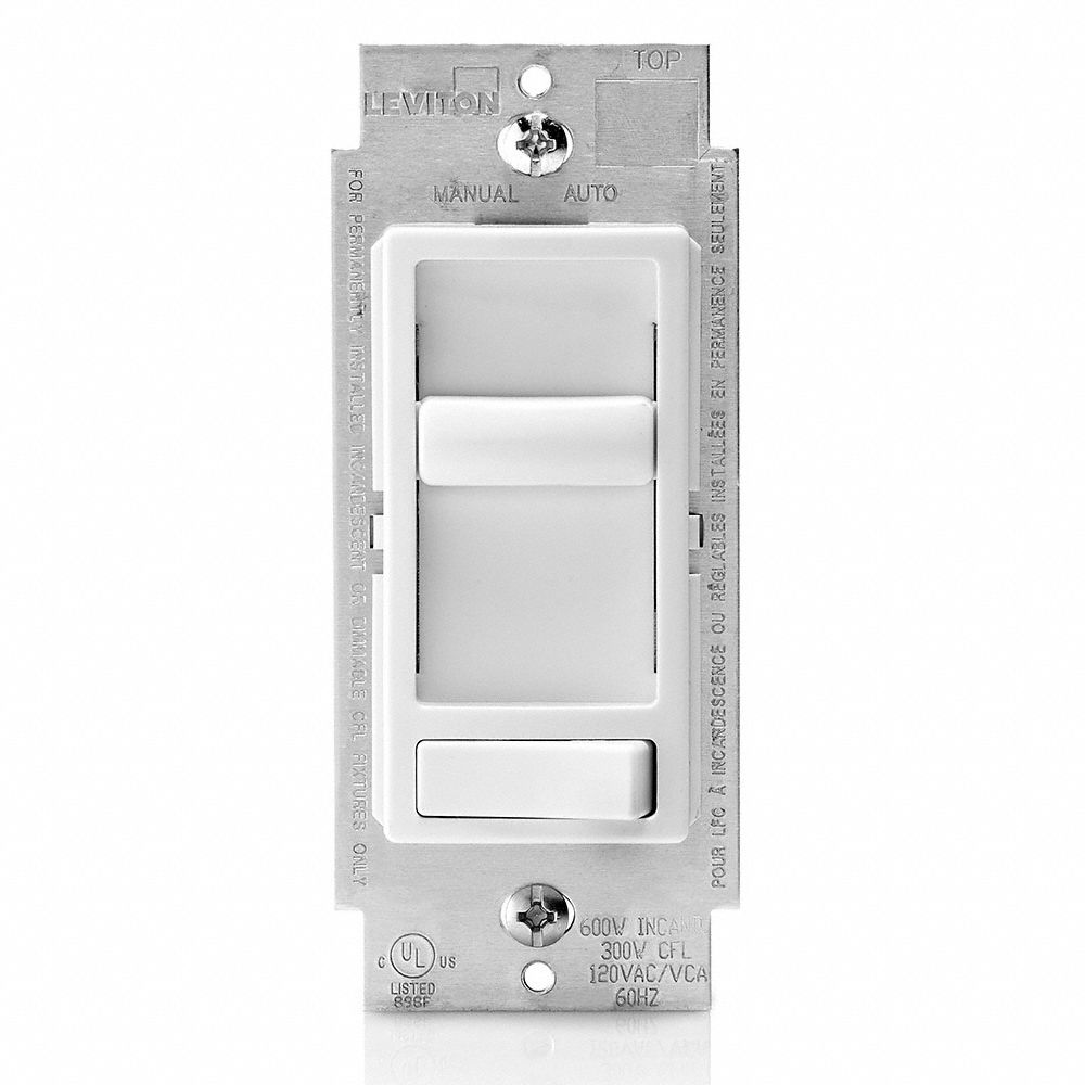 Lighting Dimmer: Fluorescent/Incandescent/LED, 1-Pole, 3-Way, 120V AC, White, SureSlide