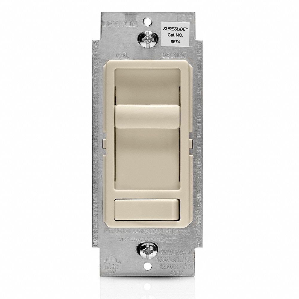 Lighting Dimmer: Fluorescent/Incandescent/LED, 1-Pole, 3-Way, 120V AC, Light Almond