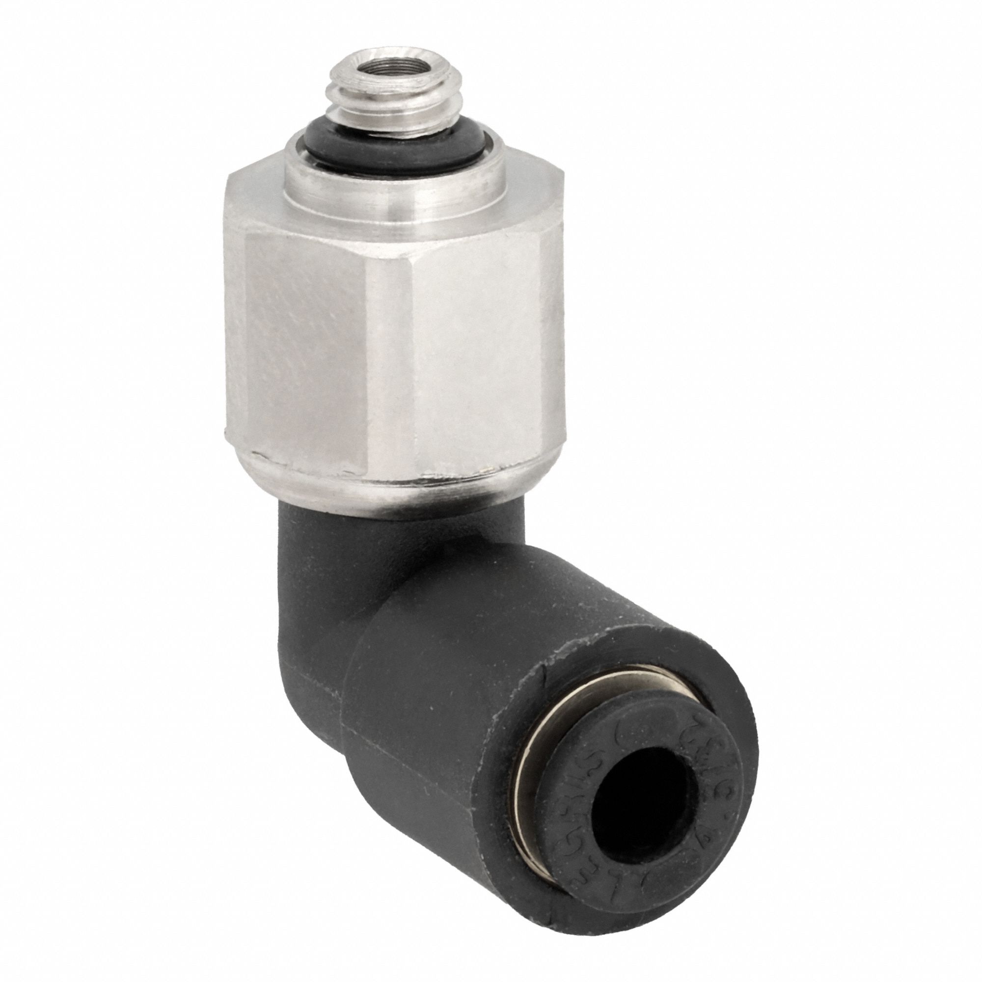 Push-Fit Elbow Fitting: 5 mm Pipe x 4 mm OD Size, Metric x Push-to-Connect, Black