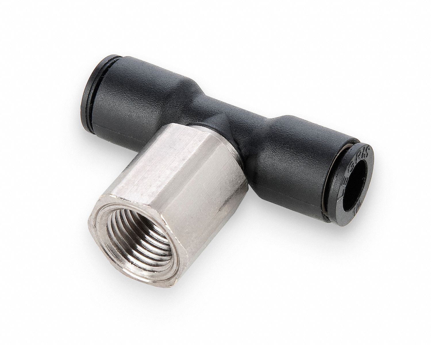 Push-Fit Tee Fitting: 1/2 in OD x 3/8 in Pipe Size, Push-to-Connect x Push-to-Connect x FNPT