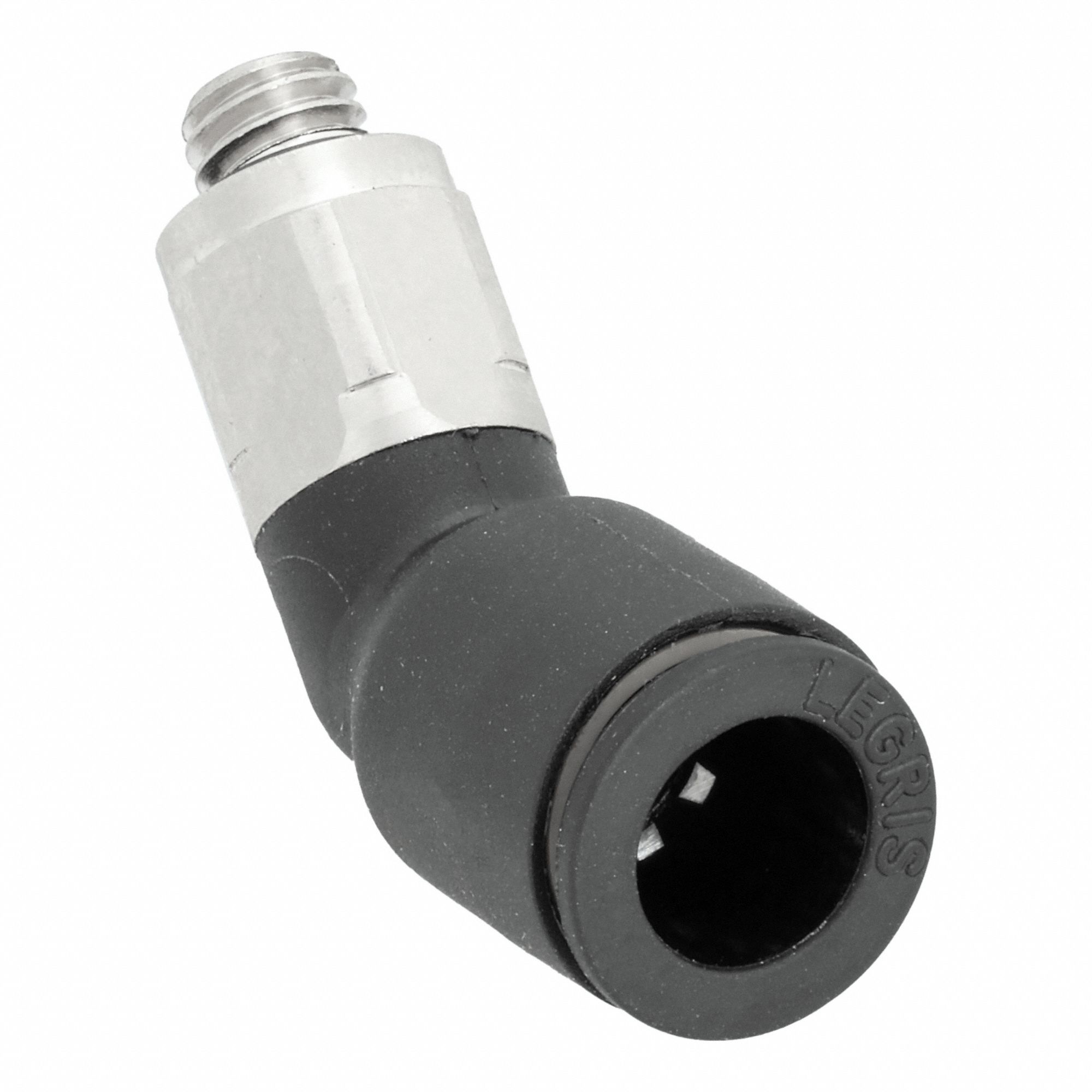 Push-Fit Elbow Fitting: 1/4 in OD x 3/16 in Pipe Size, Push-to-Connect x UNF, Black