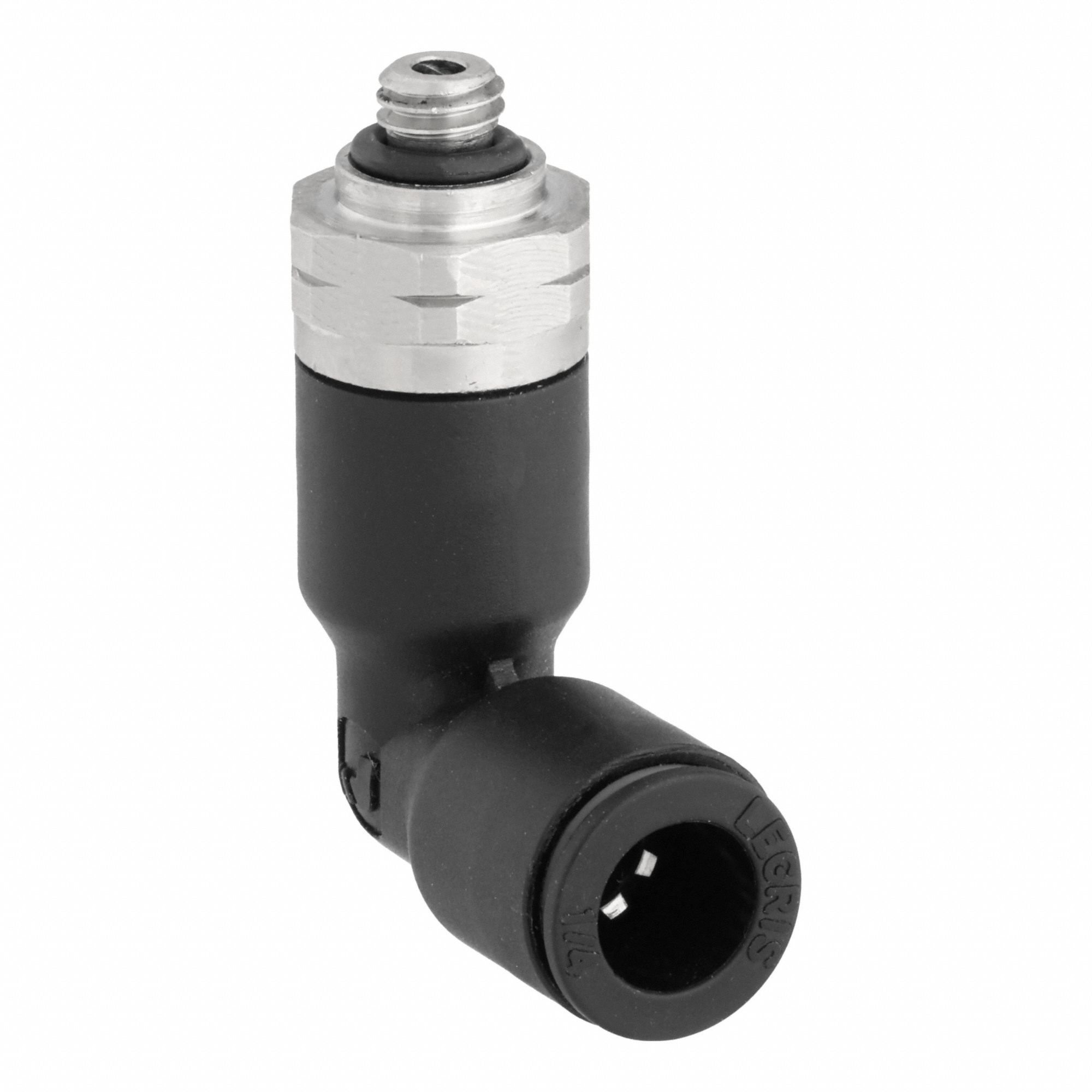 Push-Fit Elbow Fitting: 4 3/4 mm Pipe x 1/4 in OD Size, UNF x Push-to-Connect, Black