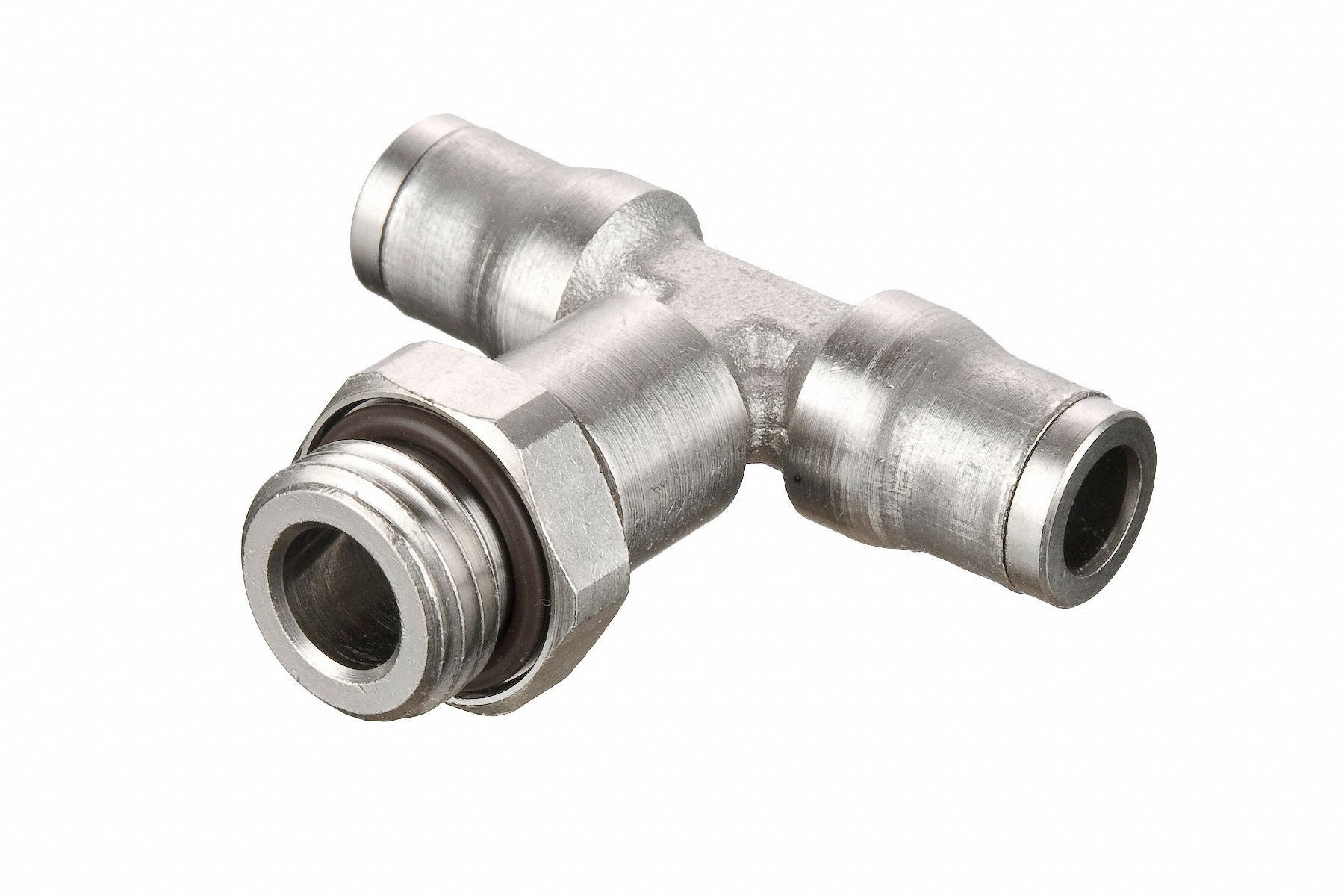 Push-Fit Tee Fitting: 5 mm Pipe x 4 mm OD x 4 mm OD Size, Brass, 1 13/32 in Overall Lg