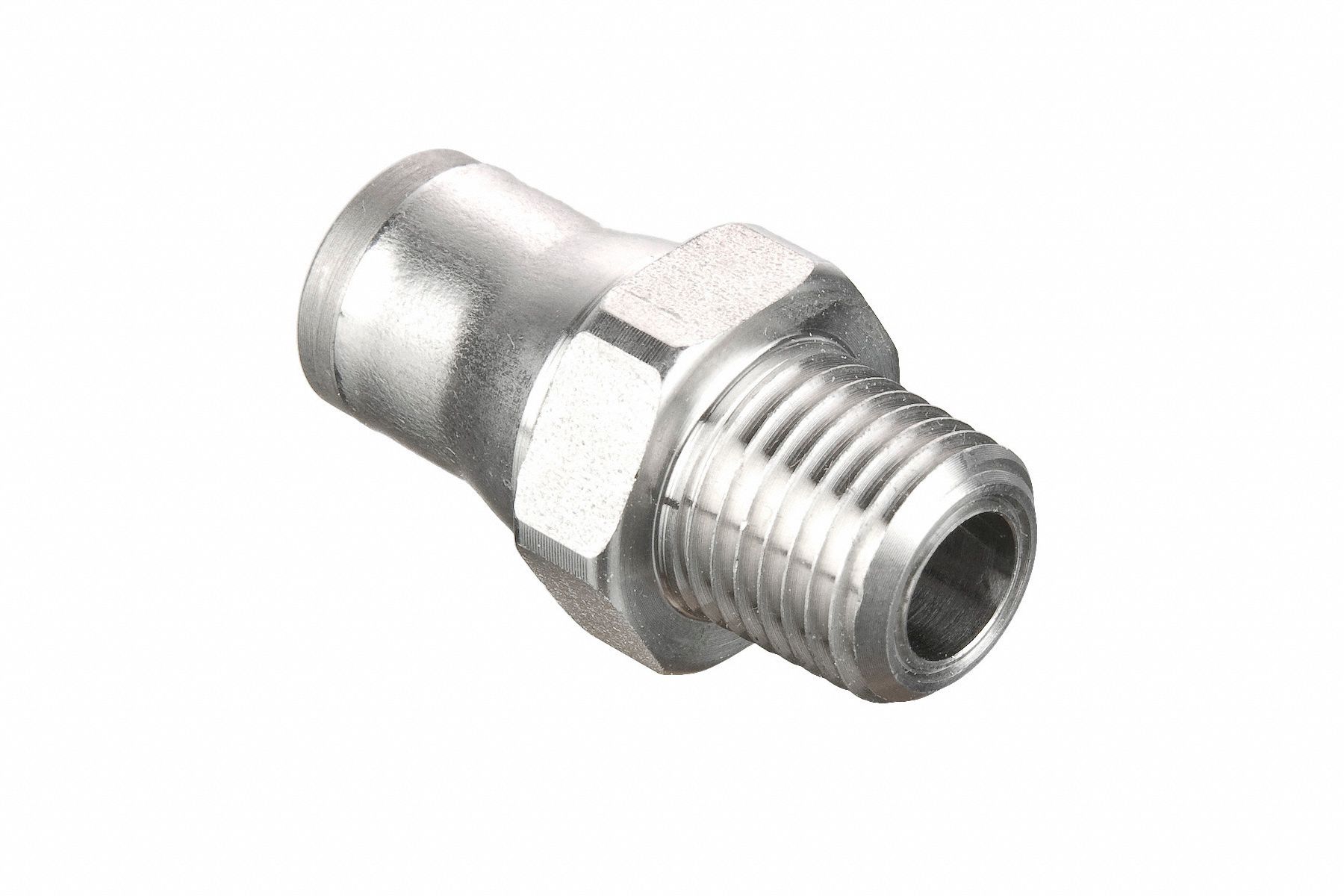 Push-Fit Adapter Fitting: 1/4 in Pipe x 10 mm OD Size, MNPT x Push-to-Connect, Silver
