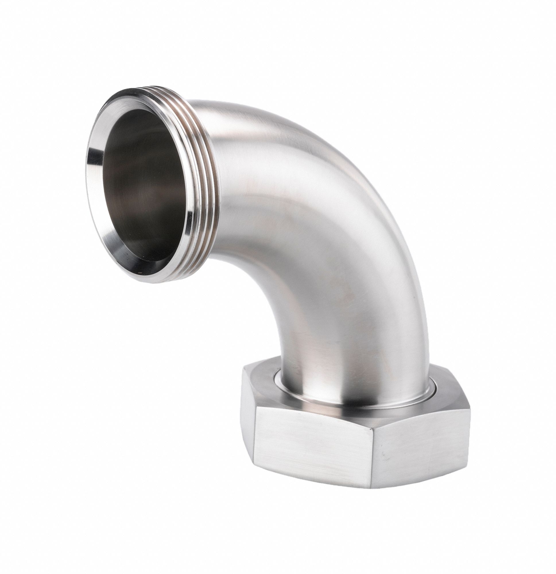 Sanitary Fitting Elbow: 90° Elbow, 1 1/2 in OD x 1 1/2 in OD Size, Threaded, 304 Stainless Steel