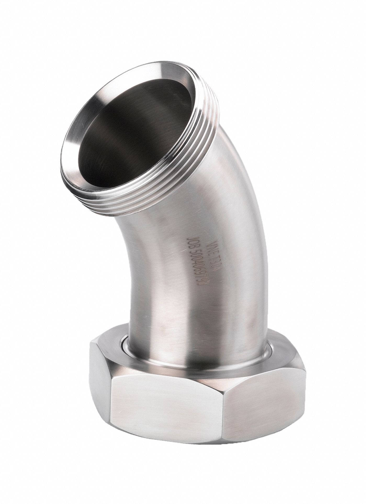 Sanitary Fitting Elbow: 45° Elbow, 1 1/2 in OD x 1 1/2 in OD Size, Threaded, 304 Stainless Steel
