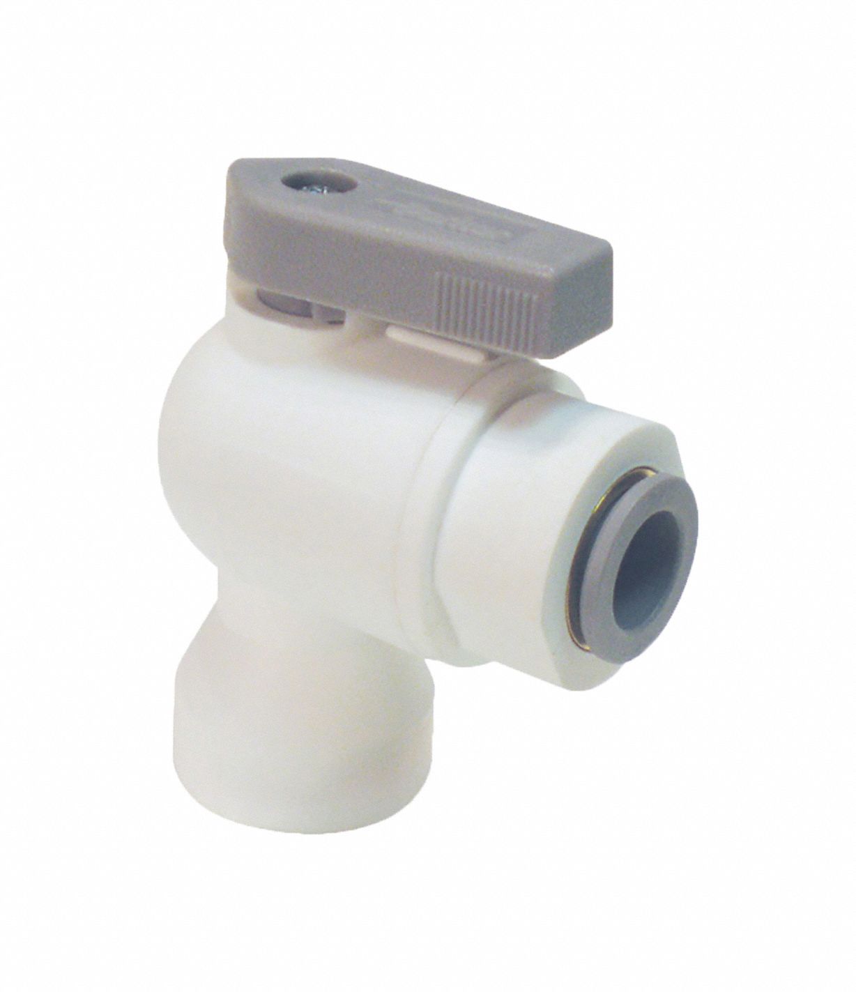 Manual Two-Way Ball Valve: 1/8 in, Polypropylene, Angle, Push x FNPT, One-Piece, Lever