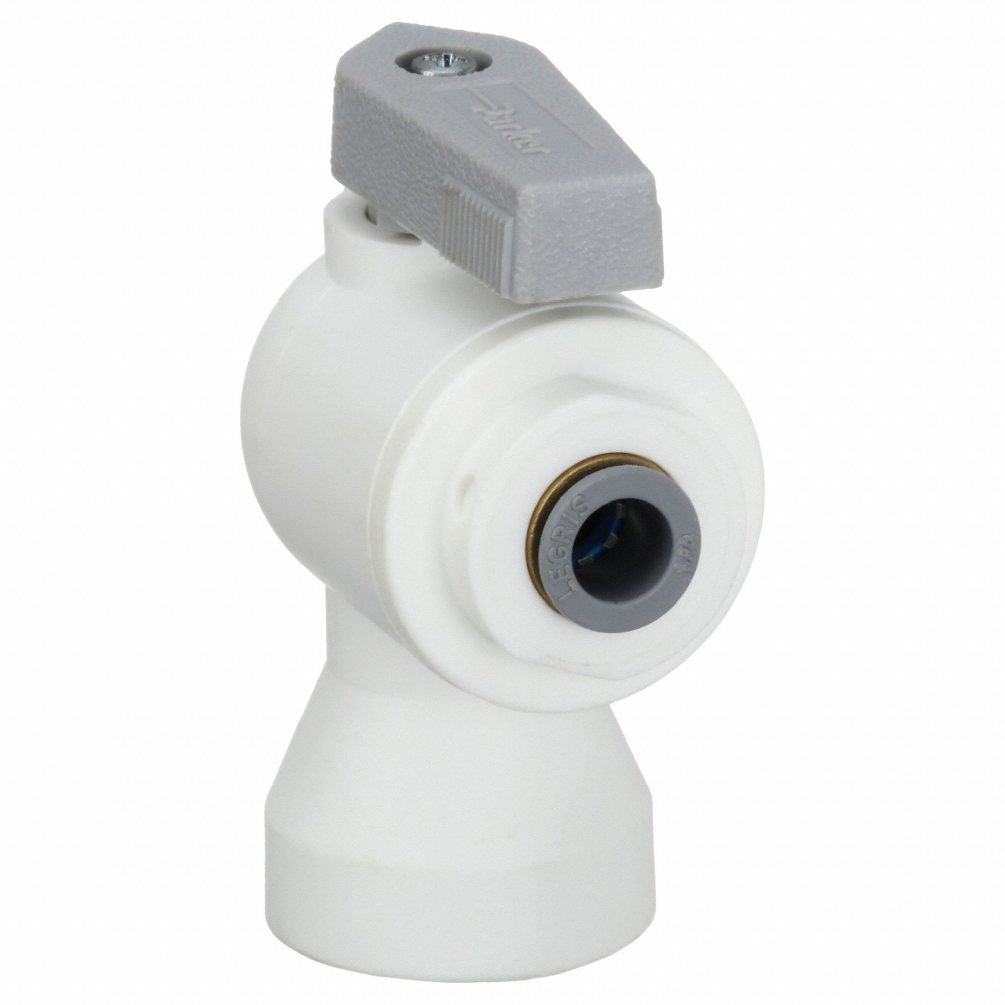 Manual Two-Way Ball Valve: 3/8 in, Polypropylene, Angle, Push x FNPT, One-Piece, Lever