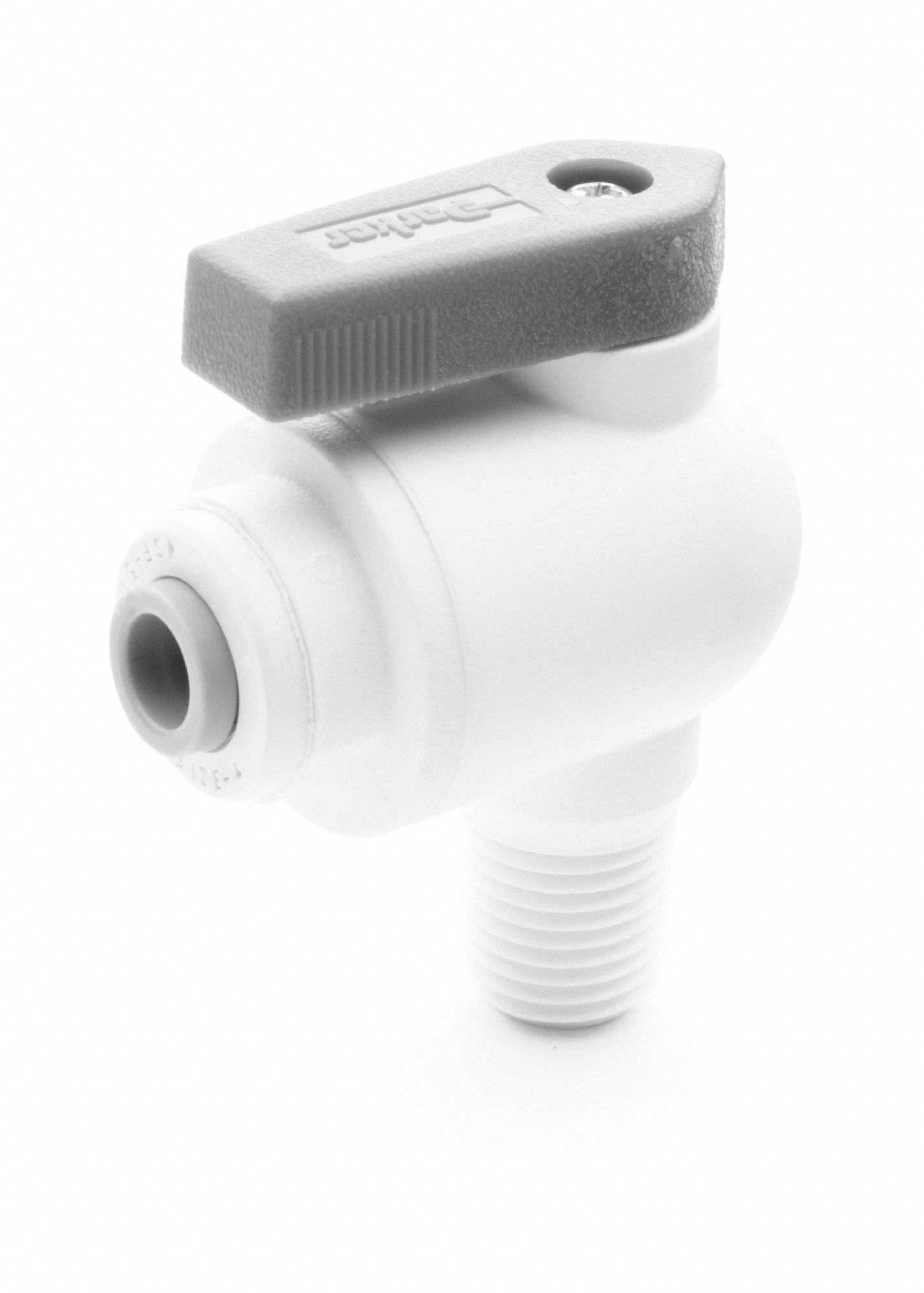 Manual Two-Way Ball Valve: 1/8 in, Polypropylene, Angle, Push x MNPT, One-Piece, Lever