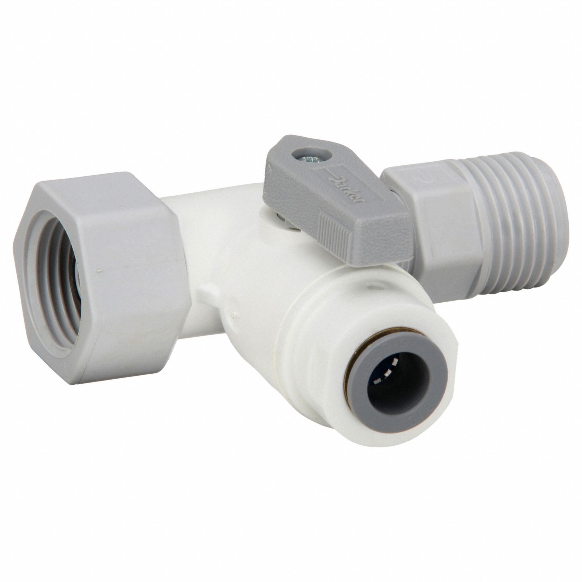 Manual Three-Way Ball Valve: 1/2 in, Polypropylene, Cross Flow, Push x MNPT x FNPT, One-Piece