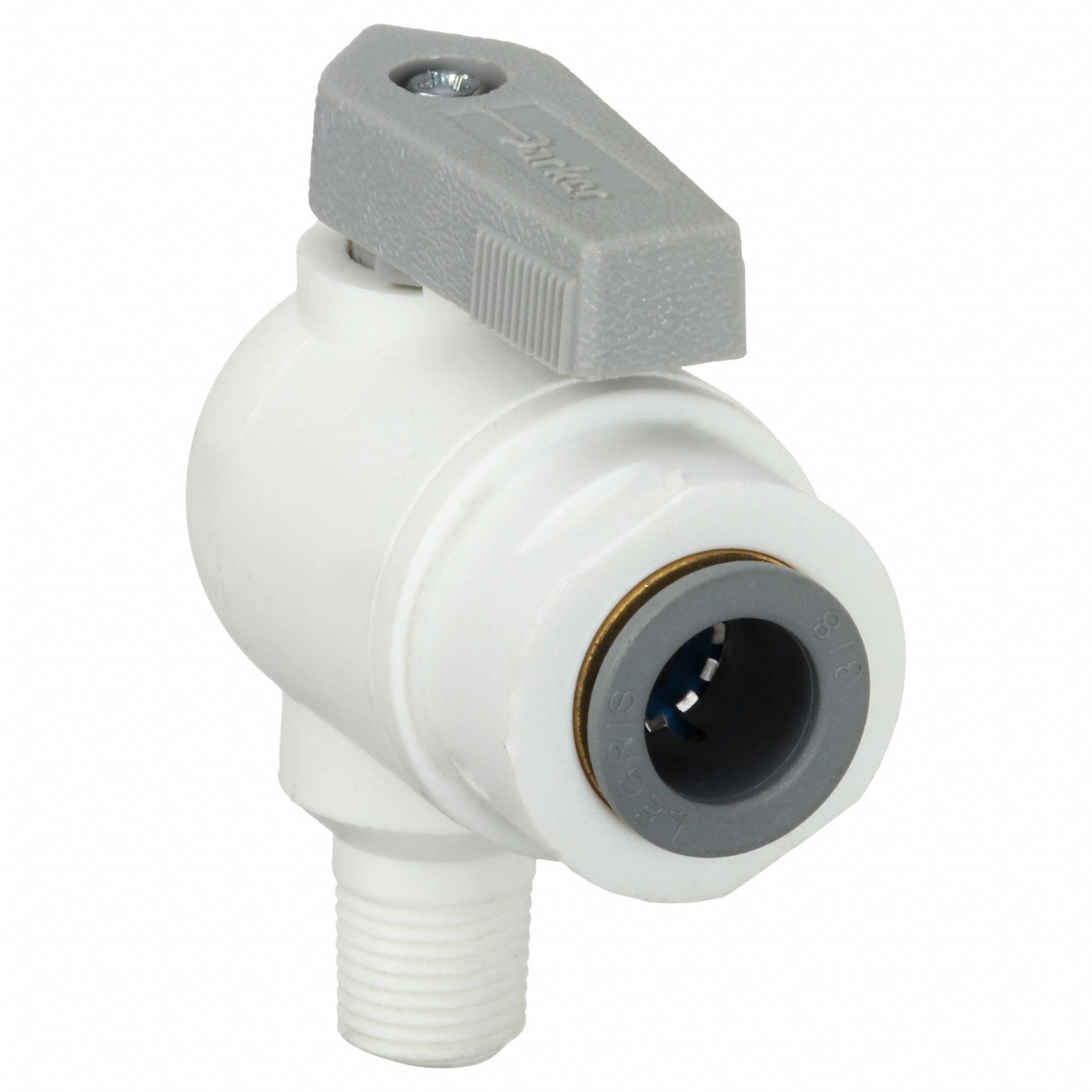 Manual Two-Way Ball Valve: 1/8 in, Polypropylene, Angle, Push x MNPT, One-Piece, Lever