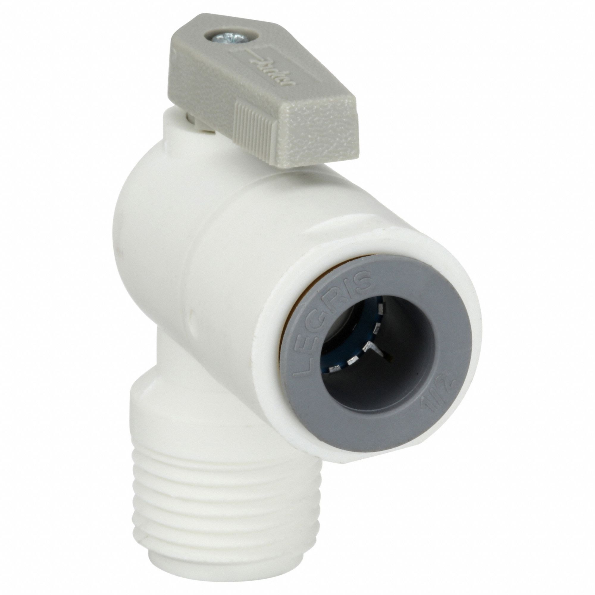 Manual Two-Way Ball Valve: 1/2 in, Polypropylene, Angle, Push x MNPT, One-Piece, Lever