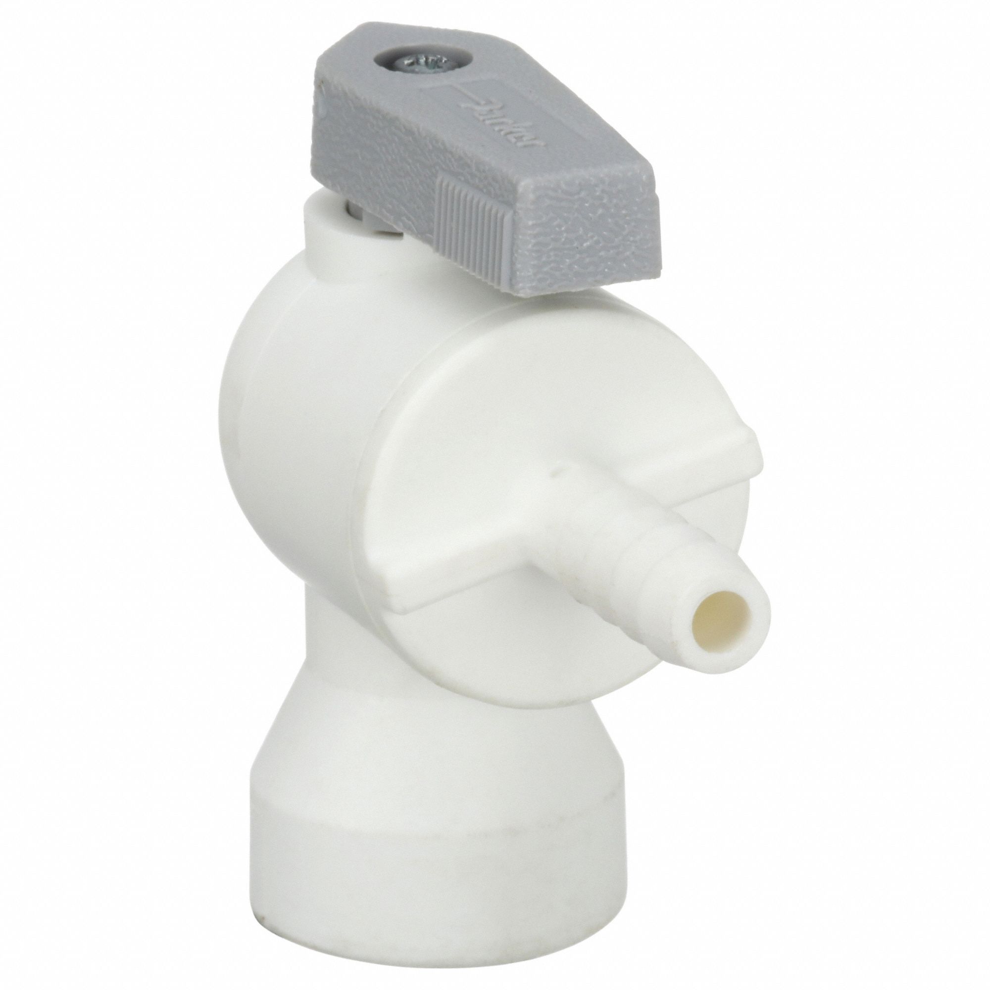 Manual Two-Way Ball Valve: 1/4 in, Polypropylene, Angle, Barb x FNPT, One-Piece, Lever