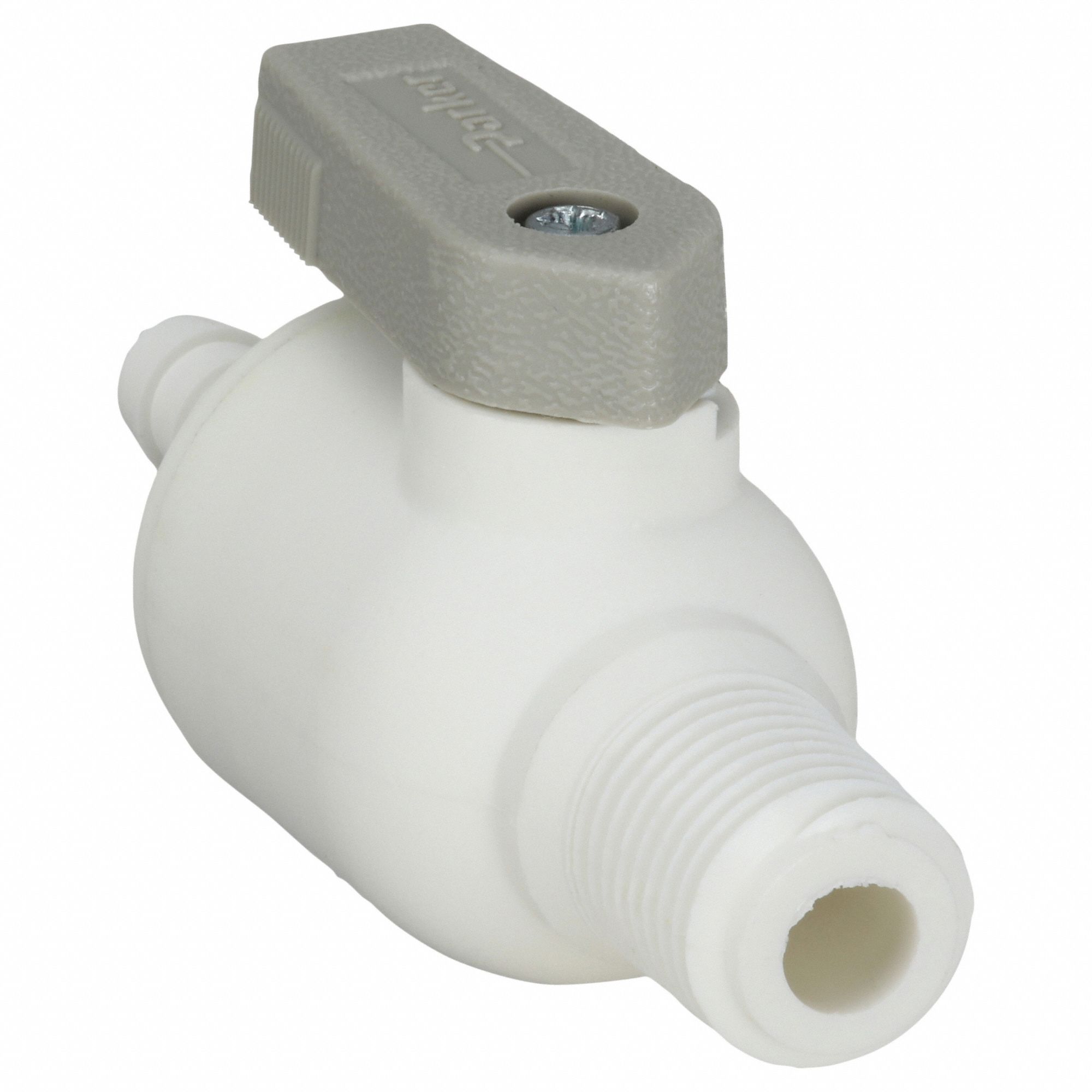 Manual Two-Way Ball Valve: 1/4 in, Polypropylene, Straight, Barb x MNPT, One-Piece, Lever
