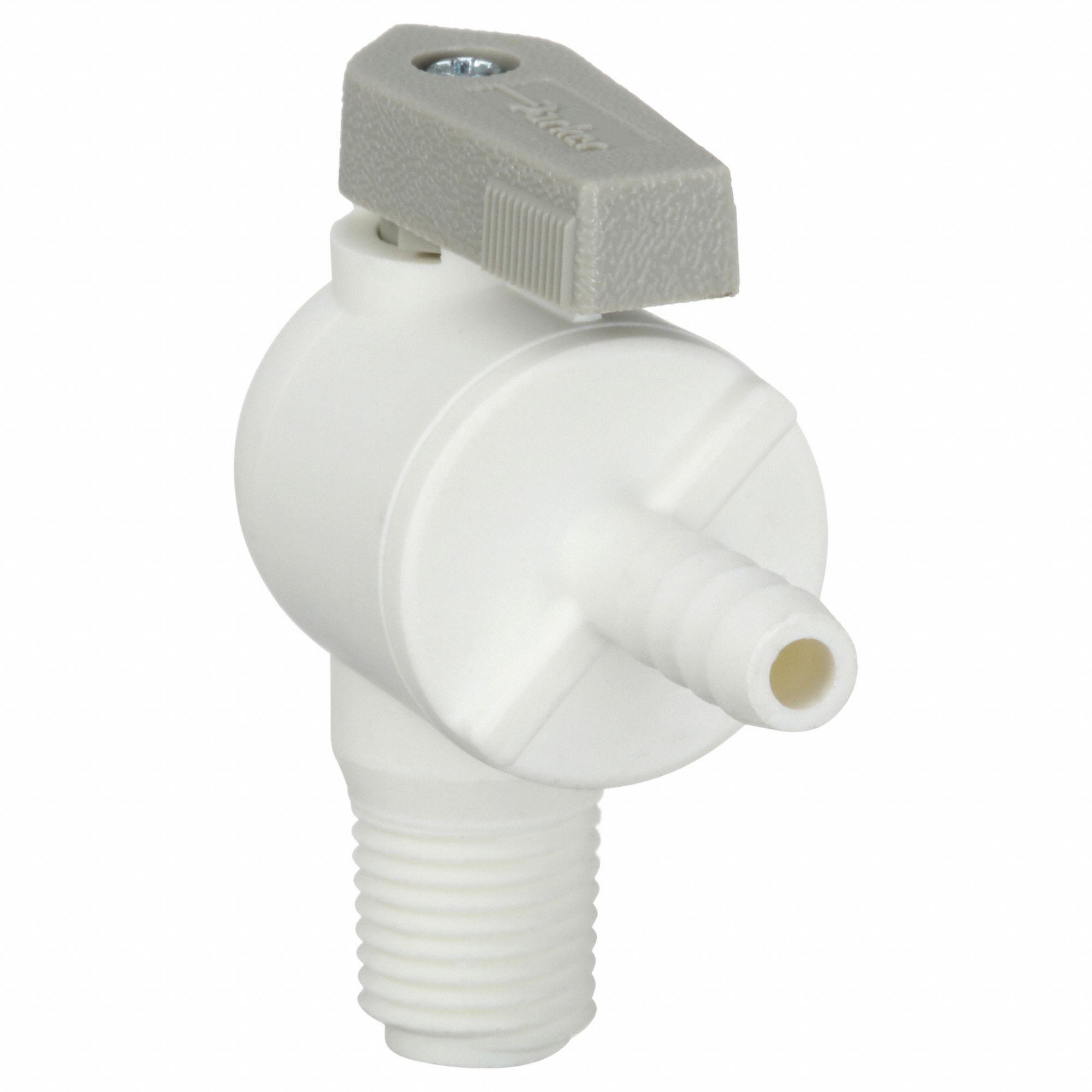 Manual Two-Way Ball Valve: 1/4 in, Polypropylene, Angle, Barb x MNPT, One-Piece, Lever