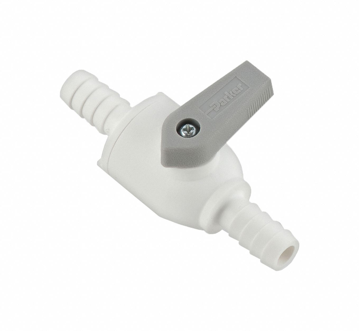 Manual Two-Way Ball Valve: 1/4 in, Polypropylene, Straight, Barb x Barb, One-Piece, Lever