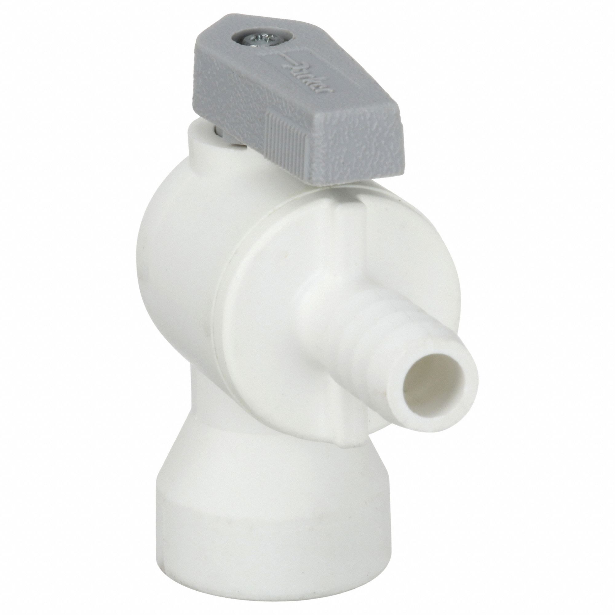 Manual Two-Way Ball Valve: 1/4 in, Polypropylene, Angle, Barb x FNPT, One-Piece, Lever