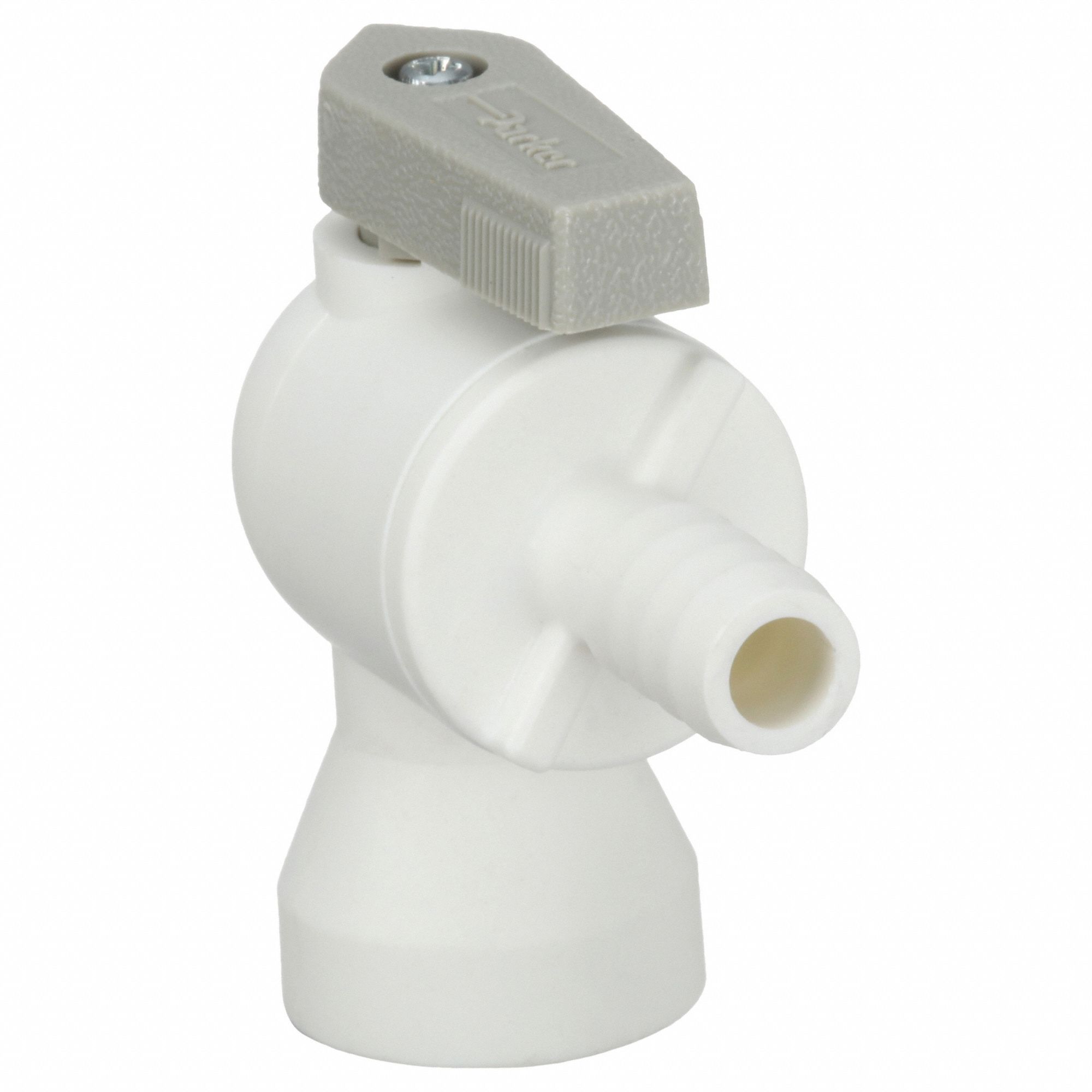 Manual Two-Way Ball Valve: 3/8 in, Polypropylene, Angle, Barb x FNPT, One-Piece, Lever
