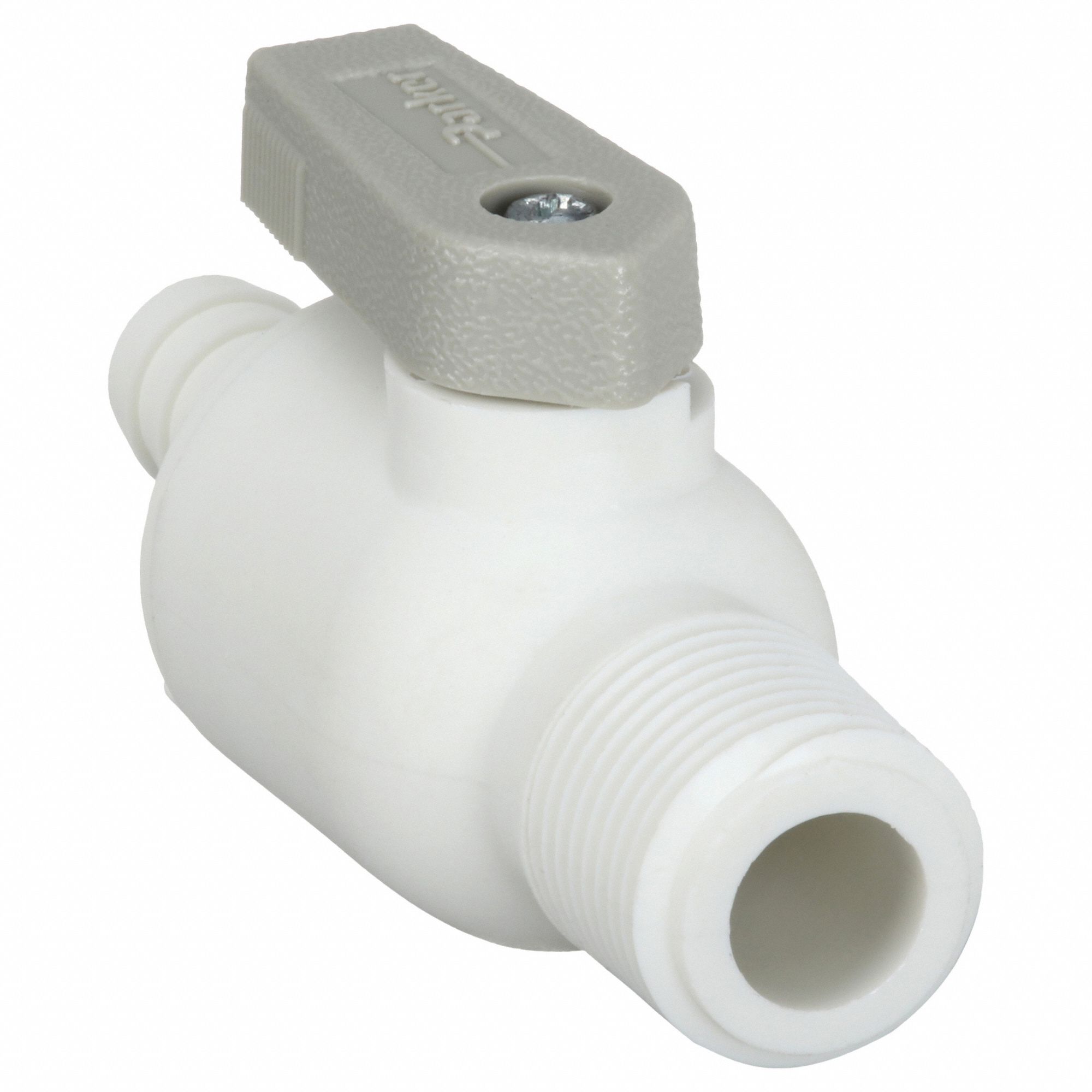 Manual Two-Way Ball Valve: 3/8 in, Polypropylene, Straight, Barb x MNPT, One-Piece, Lever