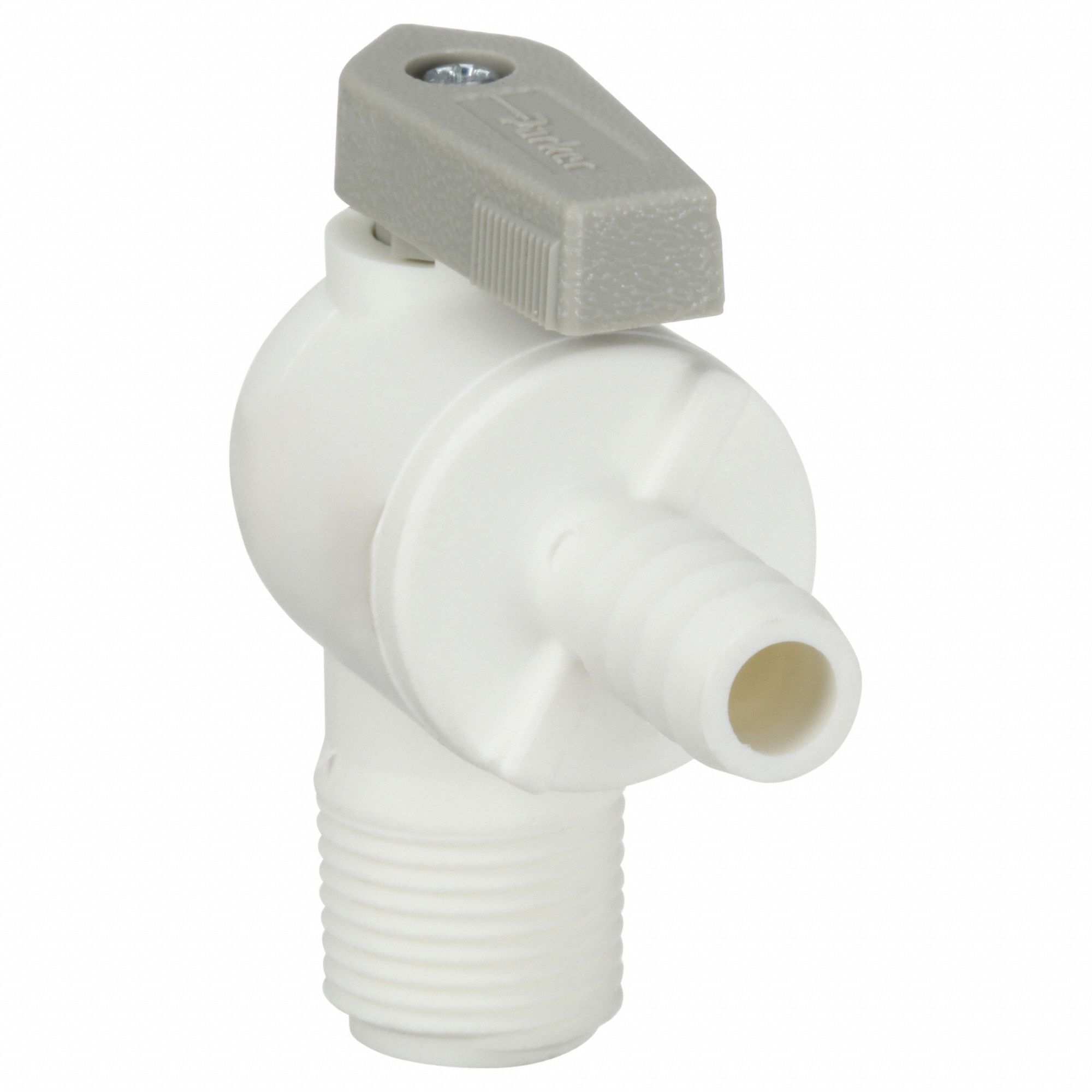 Manual Two-Way Ball Valve: 3/8 in, Polypropylene, Angle, Barb x MNPT, One-Piece, Lever
