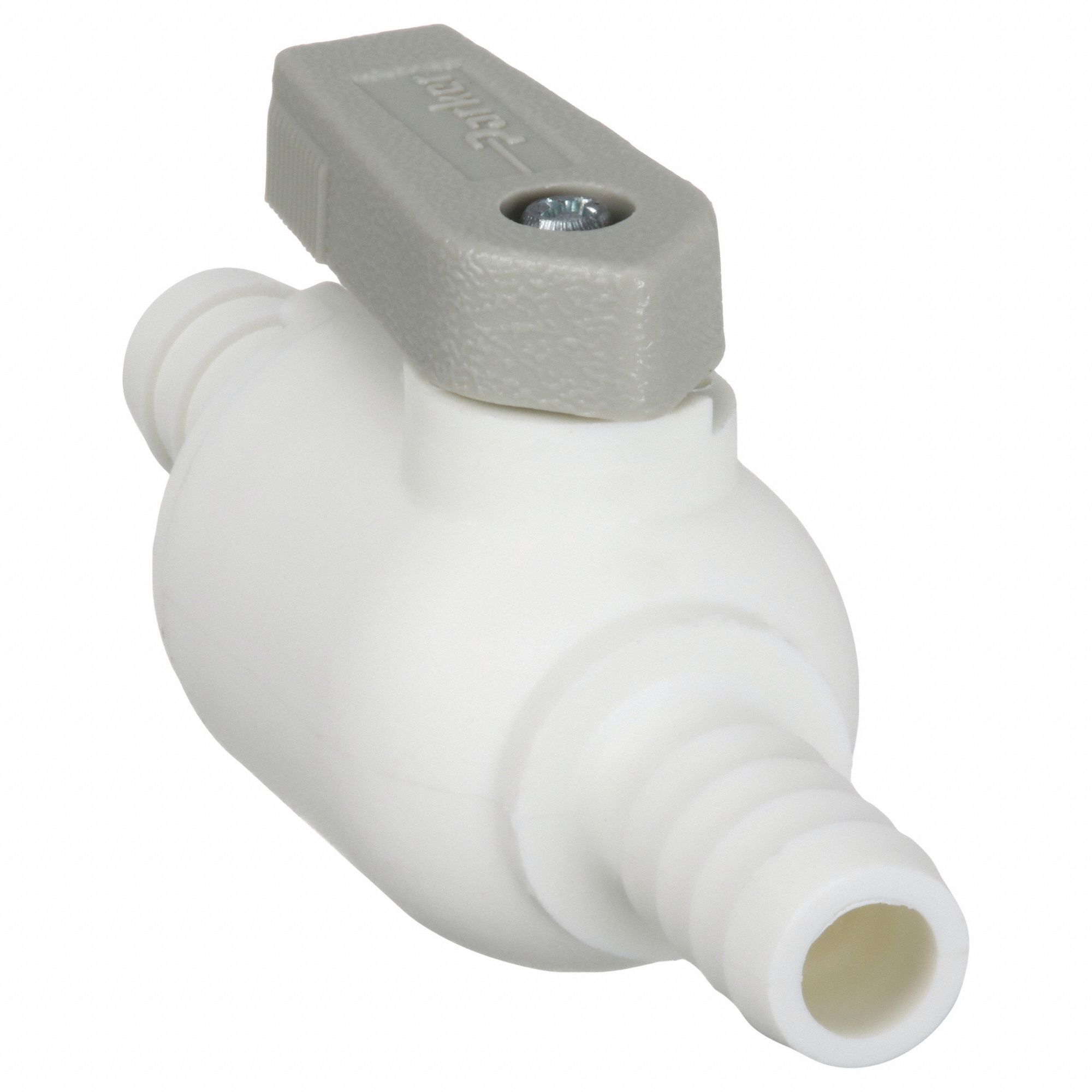 Manual Two-Way Ball Valve: 3/8 in, Polypropylene, Straight, Barb x Barb, One-Piece, Lever
