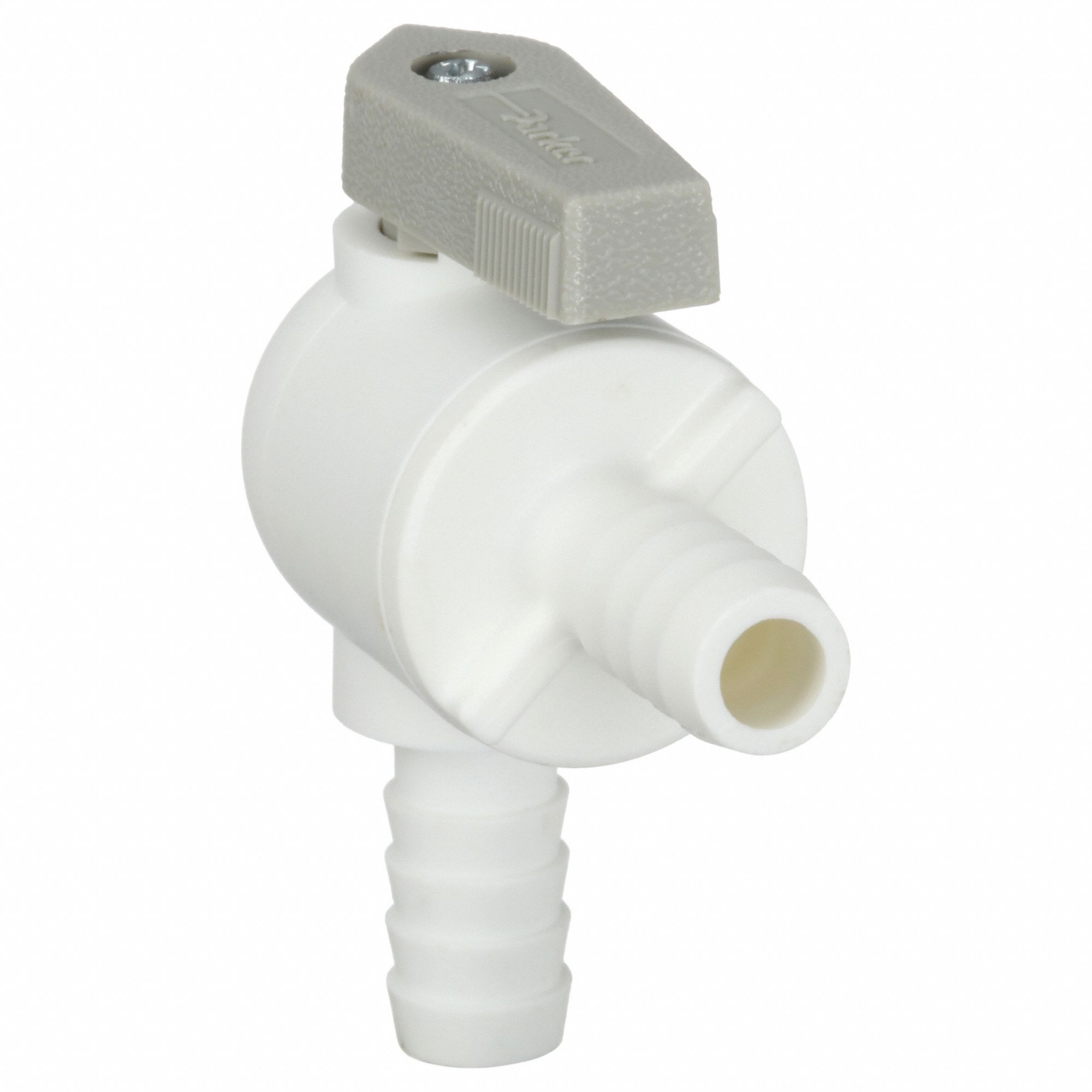 Manual Two-Way Ball Valve: 3/8 in, Polypropylene, Straight, Barb x Barb, One-Piece, Lever
