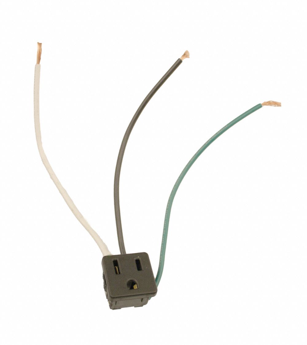 Receptacle: Single, 5-15R, 125V AC, 15 A, Black, 2 Pole / 3 Wire, Wire Leads