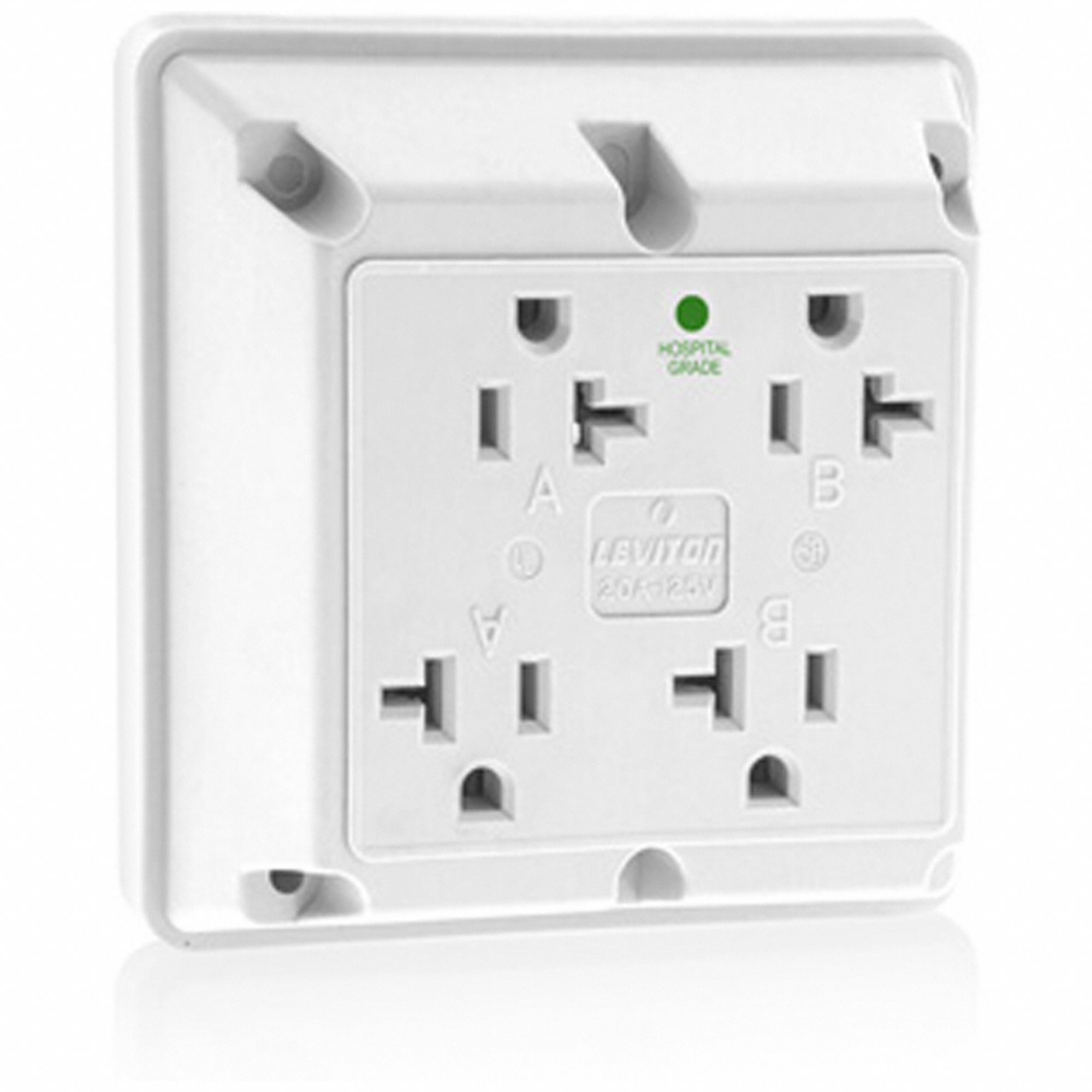 Receptacle: Quad, 5-20R, 20 A, 125V AC, White, 2 Pole / 3 Wire Poles & Wires, Hospital Grade